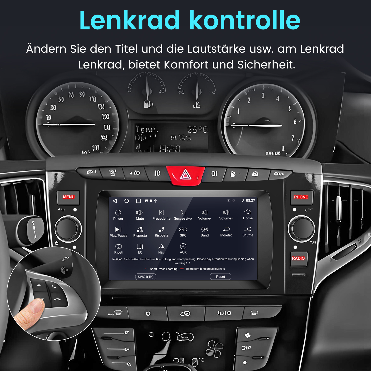 Ein Autoradio mit Bildschirm, der verschiedene Funktionen zeigt, mit einer Hand an den Lenkradbedientasten.