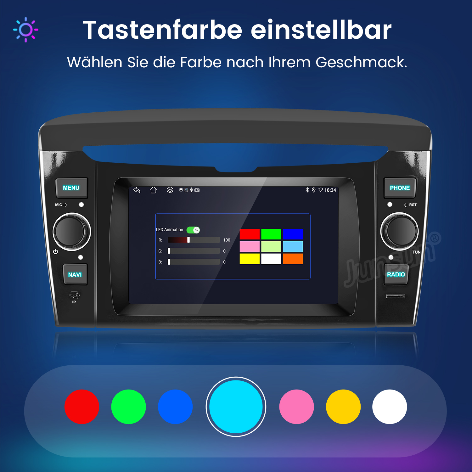 Auto-Multimedia-Bildschirm mit Farboptionen, mit roten, grünen, blauen, cyanfarbenen, rosa, gelben und weißen Tasten.