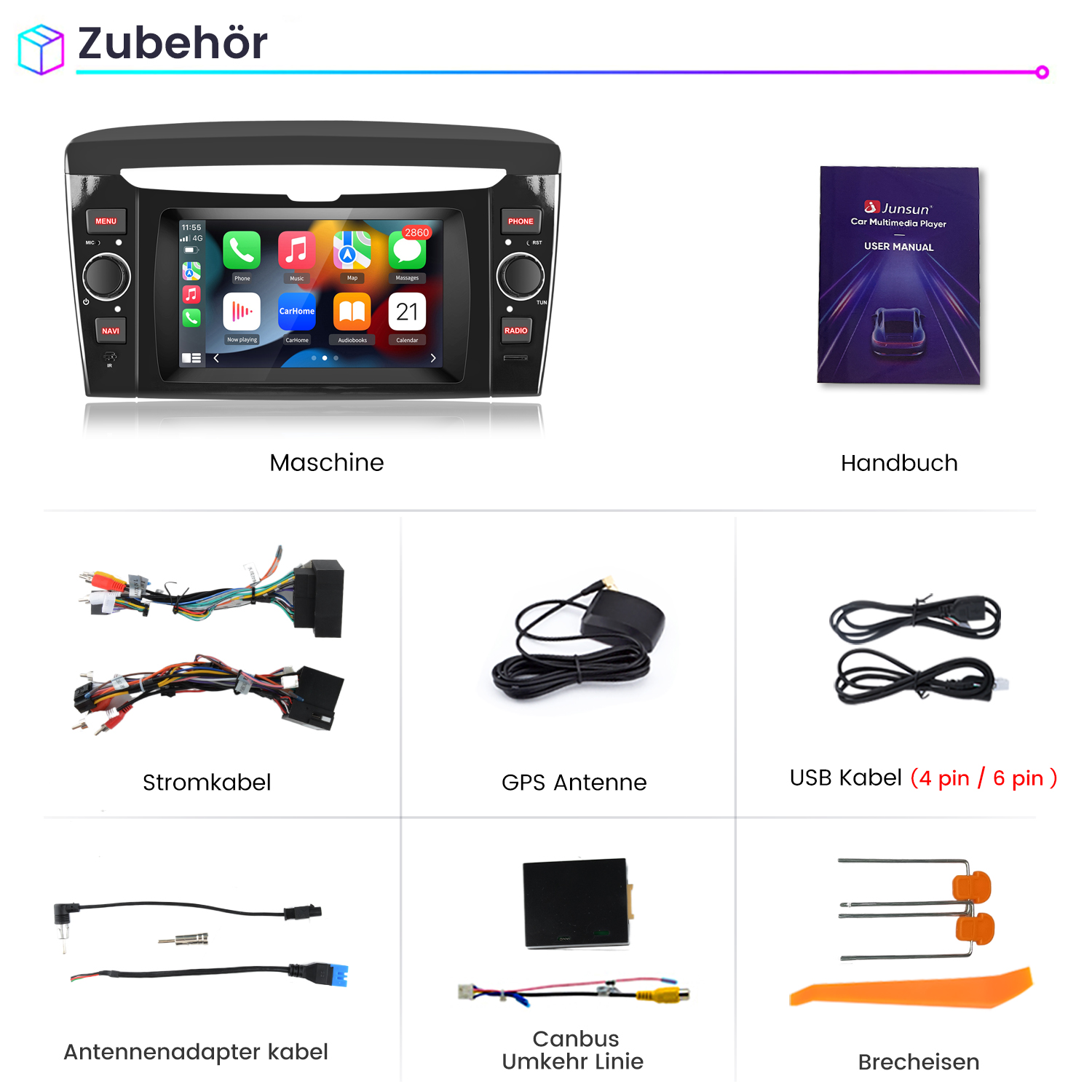 Car-Multimedia-Player mit Zubehör: Kabel, GPS-Antenne und Handbuch auf weißem Hintergrund.