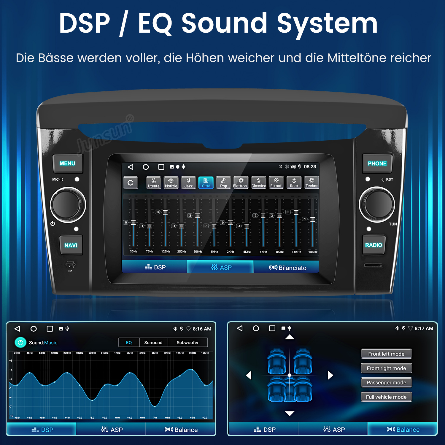 Autoradio mit Bildschirm. Es zeigt eine Soundsystem-Oberfläche mit EQ-Einstellungen und Fahrzeugeinstellungen.