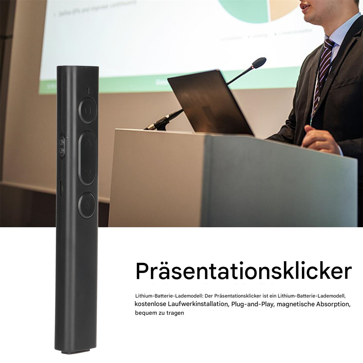 Mann, der mit einem Präsentationsklicker präsentiert. Der Klicker ist schwarz und hat drei Tasten.