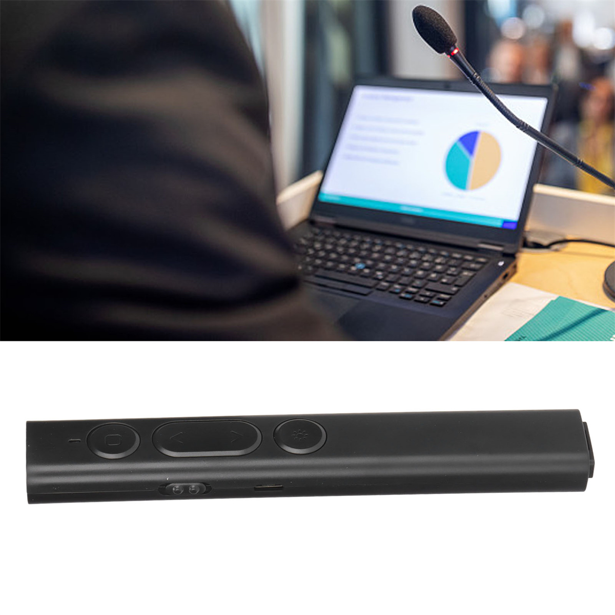 Eine Person am Rednerpult bedient einen Laptop mit Tortendiagramm, Mikrofon. Unten eine Präsentationsfernbedienung.
