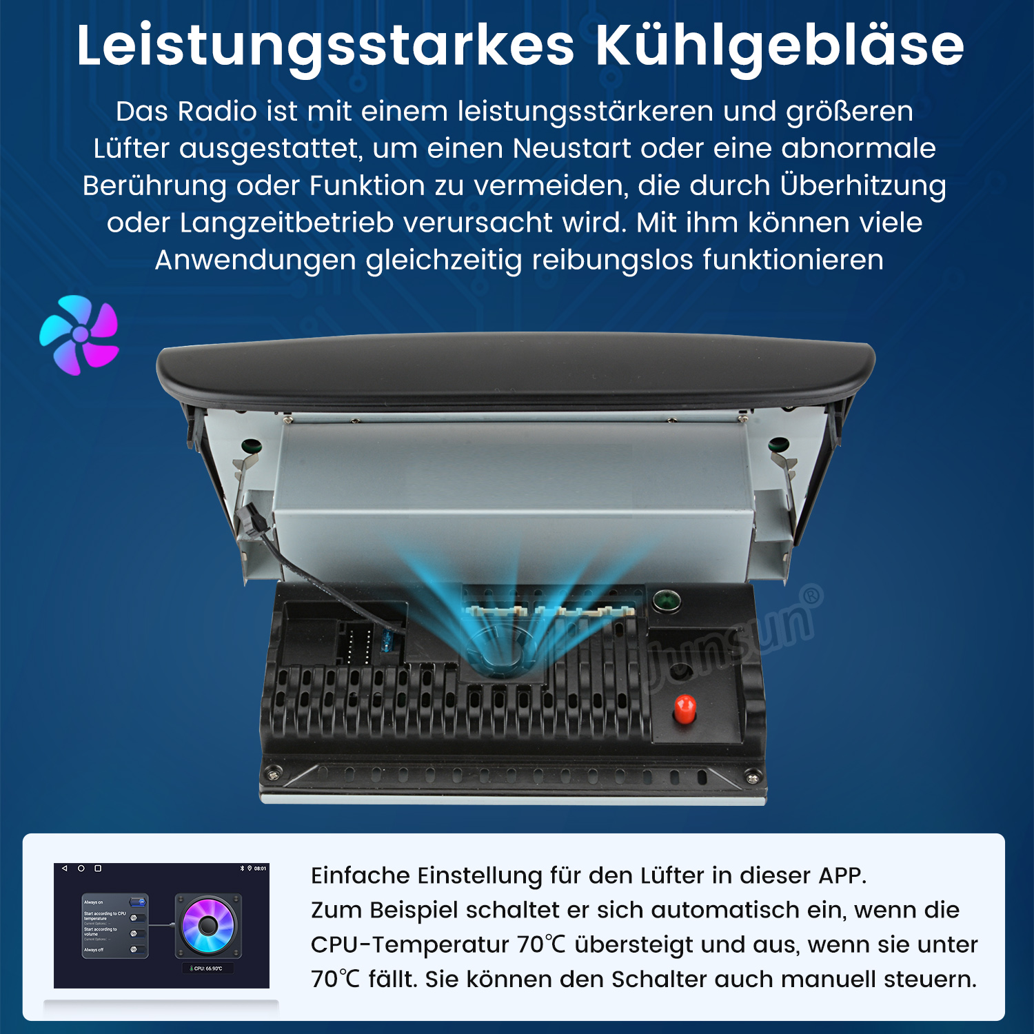 Ein Autoradio mit Bildschirm, der eine grafische Benutzeroberfläche zeigt, wird mit deutschem Text angezeigt.