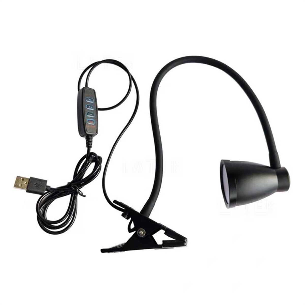 Eine schwarze LED-Schwanenhals-Clip-Lampe mit USB-Anschluss und Bedienelementen auf weißem Hintergrund.