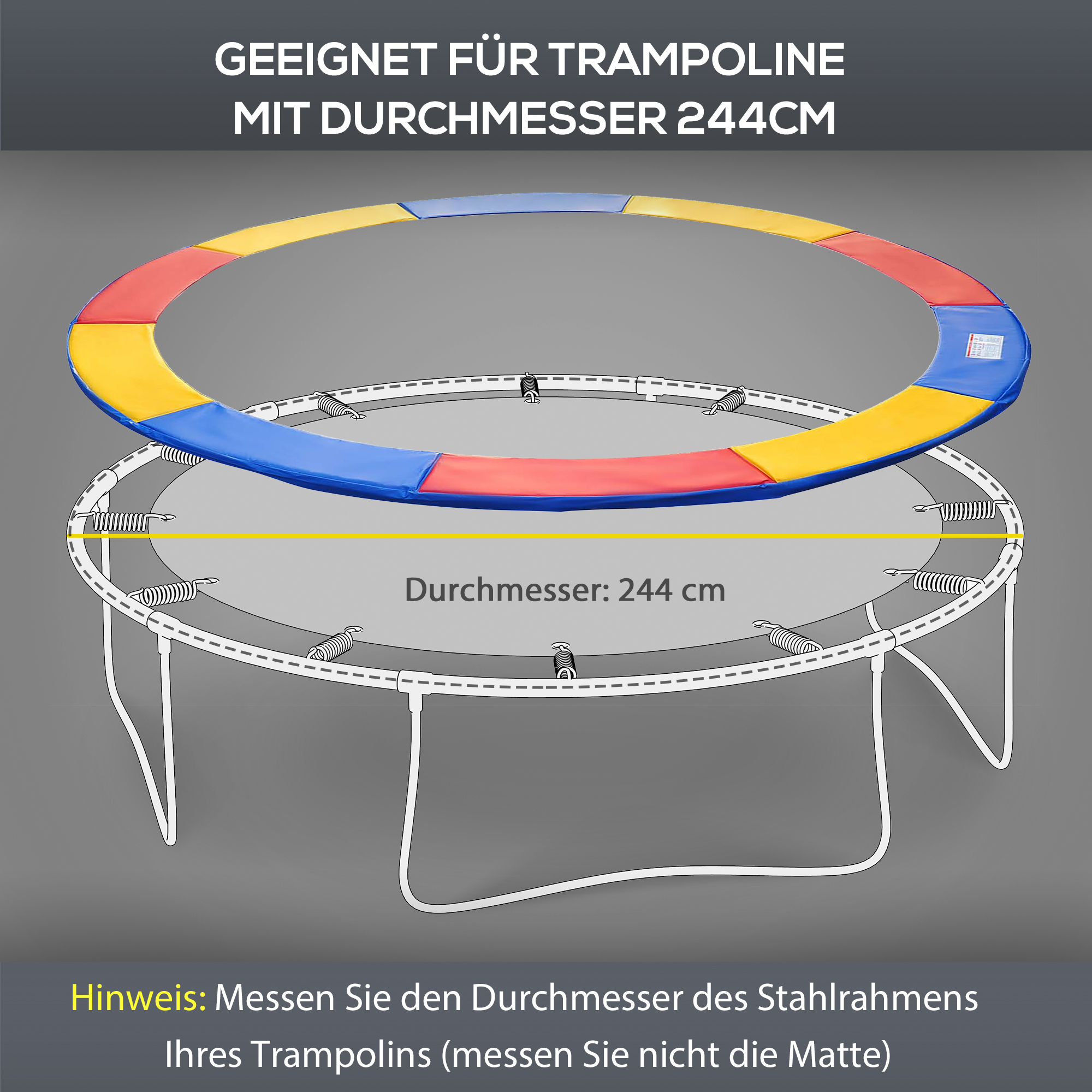 Trampolin mit gelber Linie, die den Durchmesser angibt, mit deutschem Text.