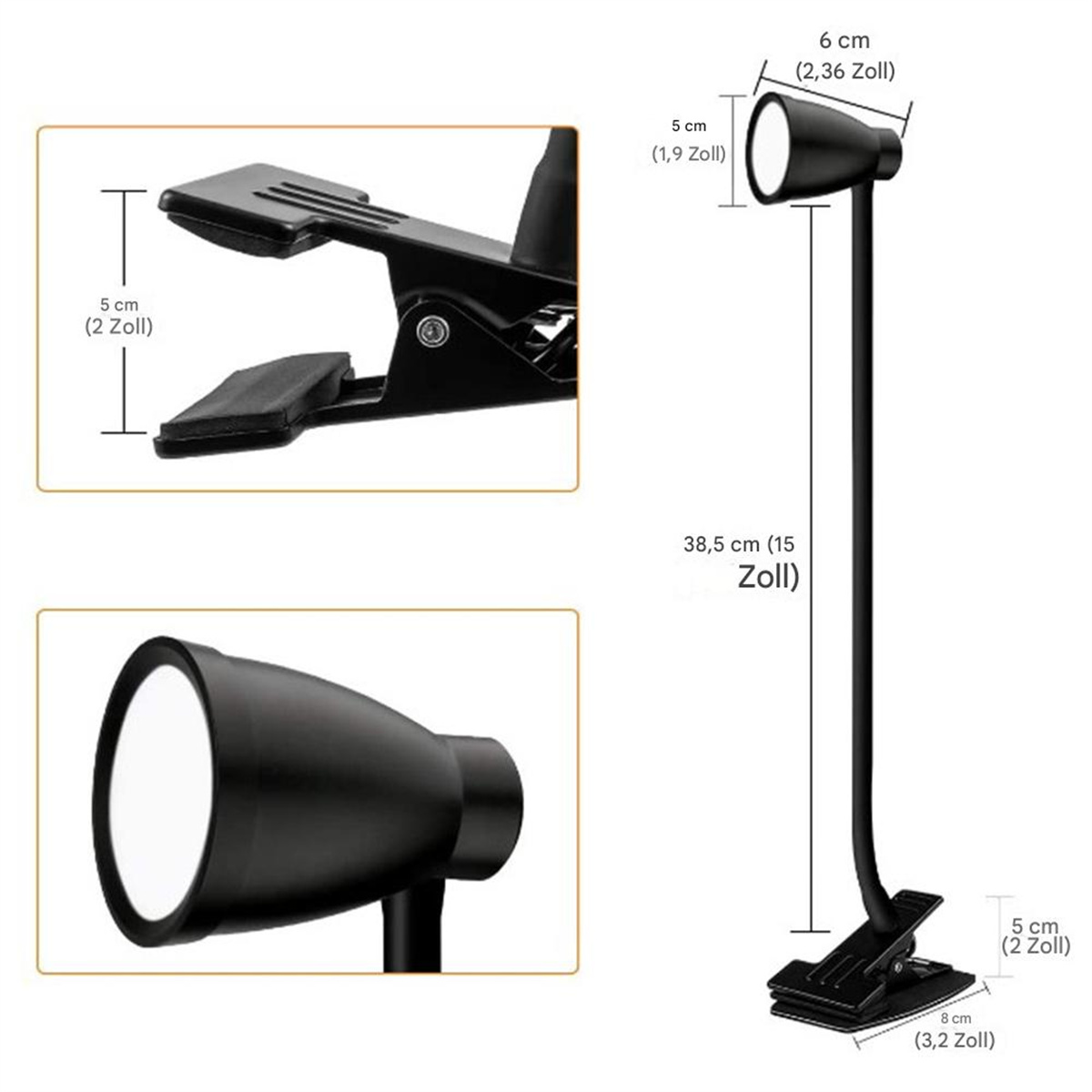 Schwarze Lampe mit Clip und Maßangaben. Weißer Hintergrund.