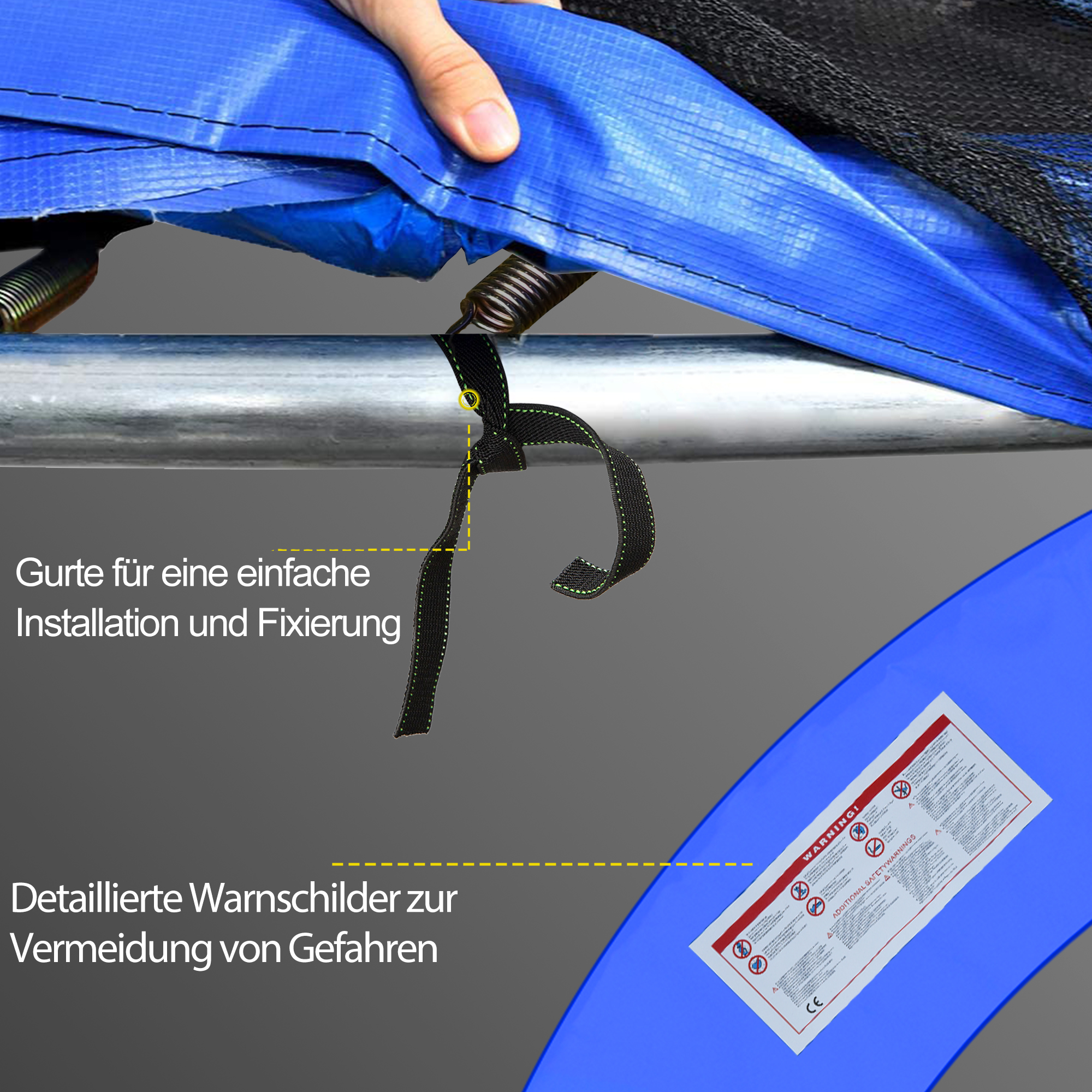 Nahaufnahme einer Trampolinfeder und -befestigung. Text: GURTE FÜR EINE EINFACHE INSTALLATION UND FIXIERUNG (Gurte für einfache Installation).