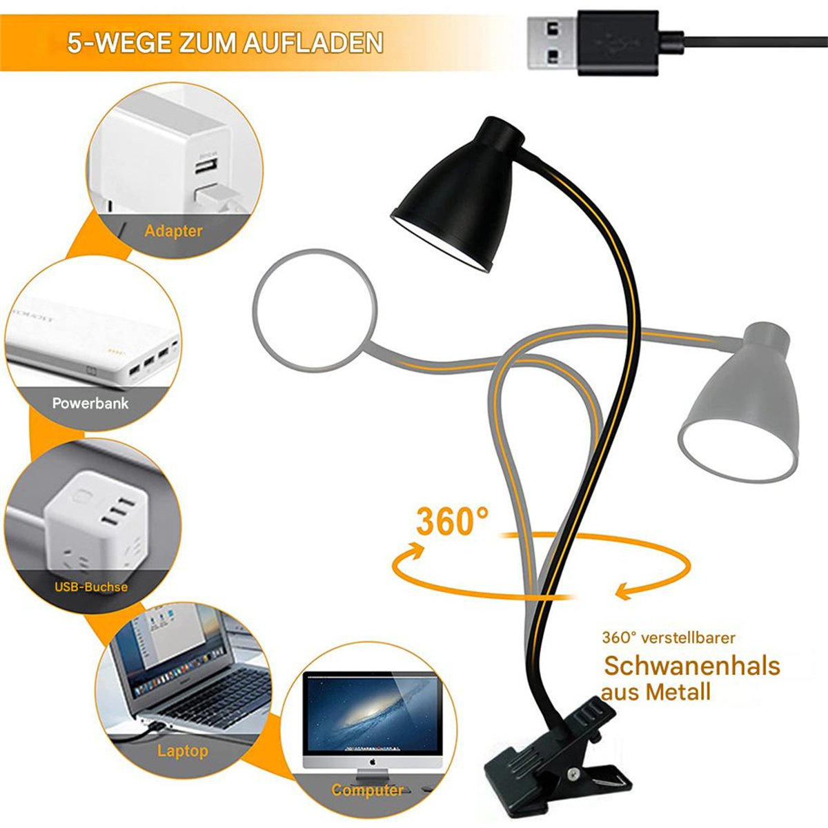 Schwarze Clip-On-Lampe mit mehreren Stromoptionen: Adapter, Powerbank, USB-Anschluss, Laptop und Computer.