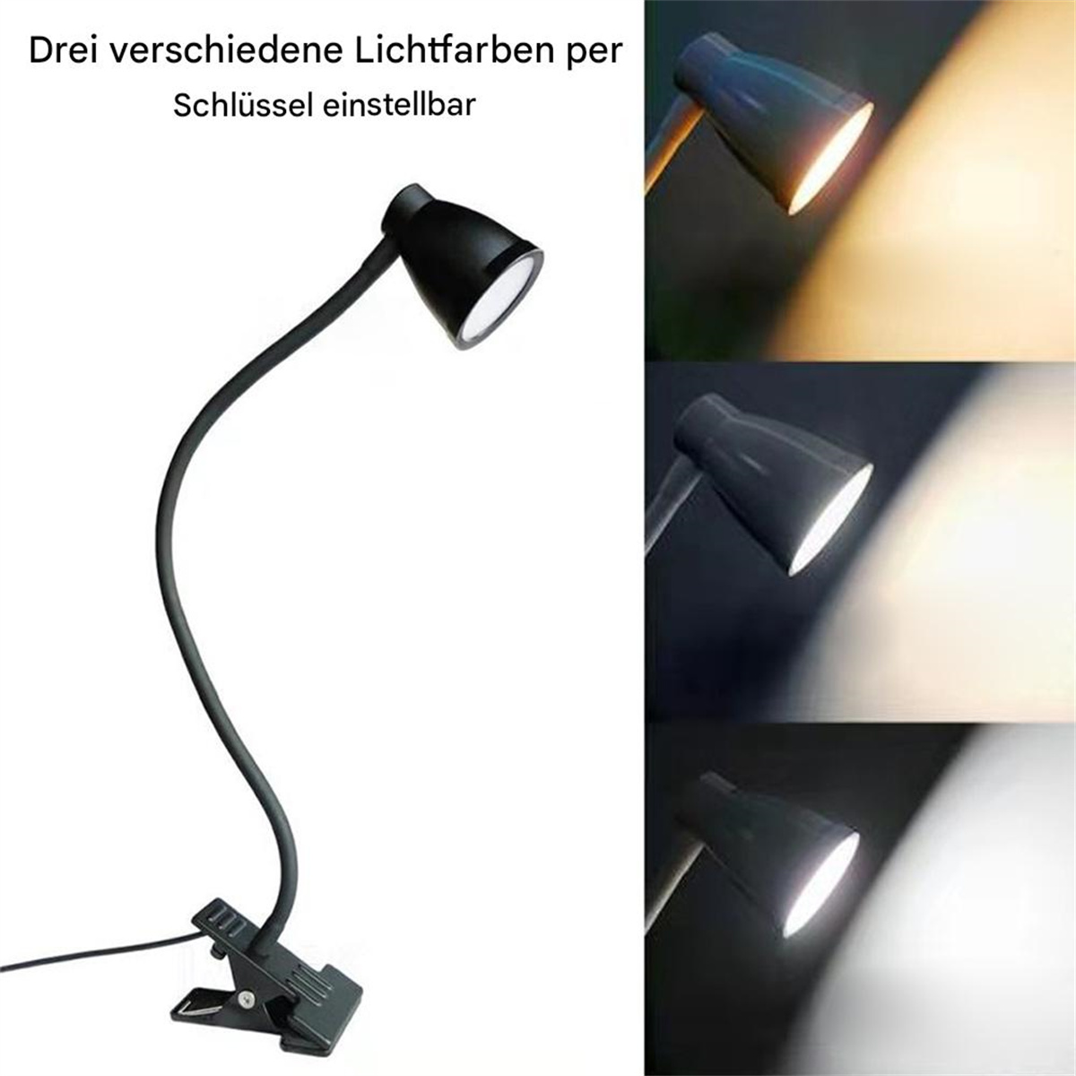Schwarze Clip-On-Lampe mit drei Lichtfarben: warm, hell und weiß, auf weißem Hintergrund.