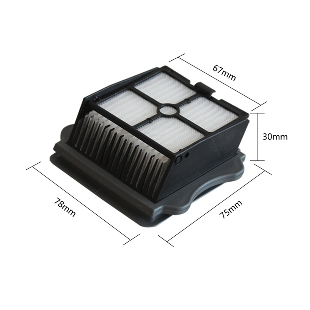 Ein Luftfilter mit Abmessungen in rechteckiger Form. Hat einen weißen Filter mit schwarzem Rahmen.