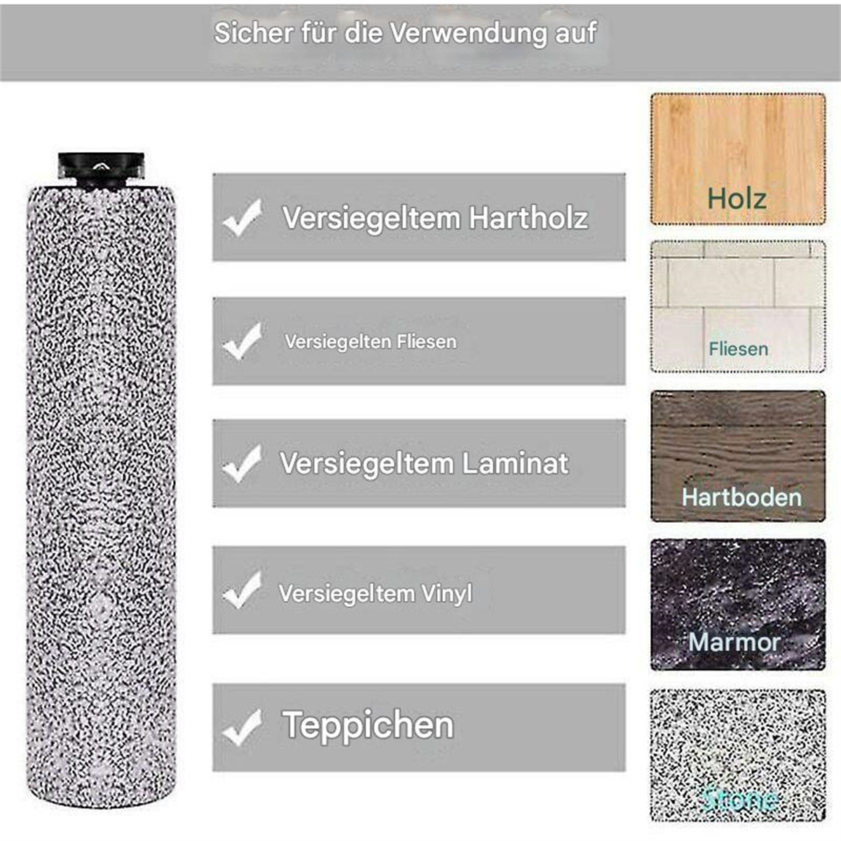 Walzenbürste mit Text, die zeigt, dass sie sicher für Holz, Fliesen, Laminat, Vinyl und Teppichboden ist.