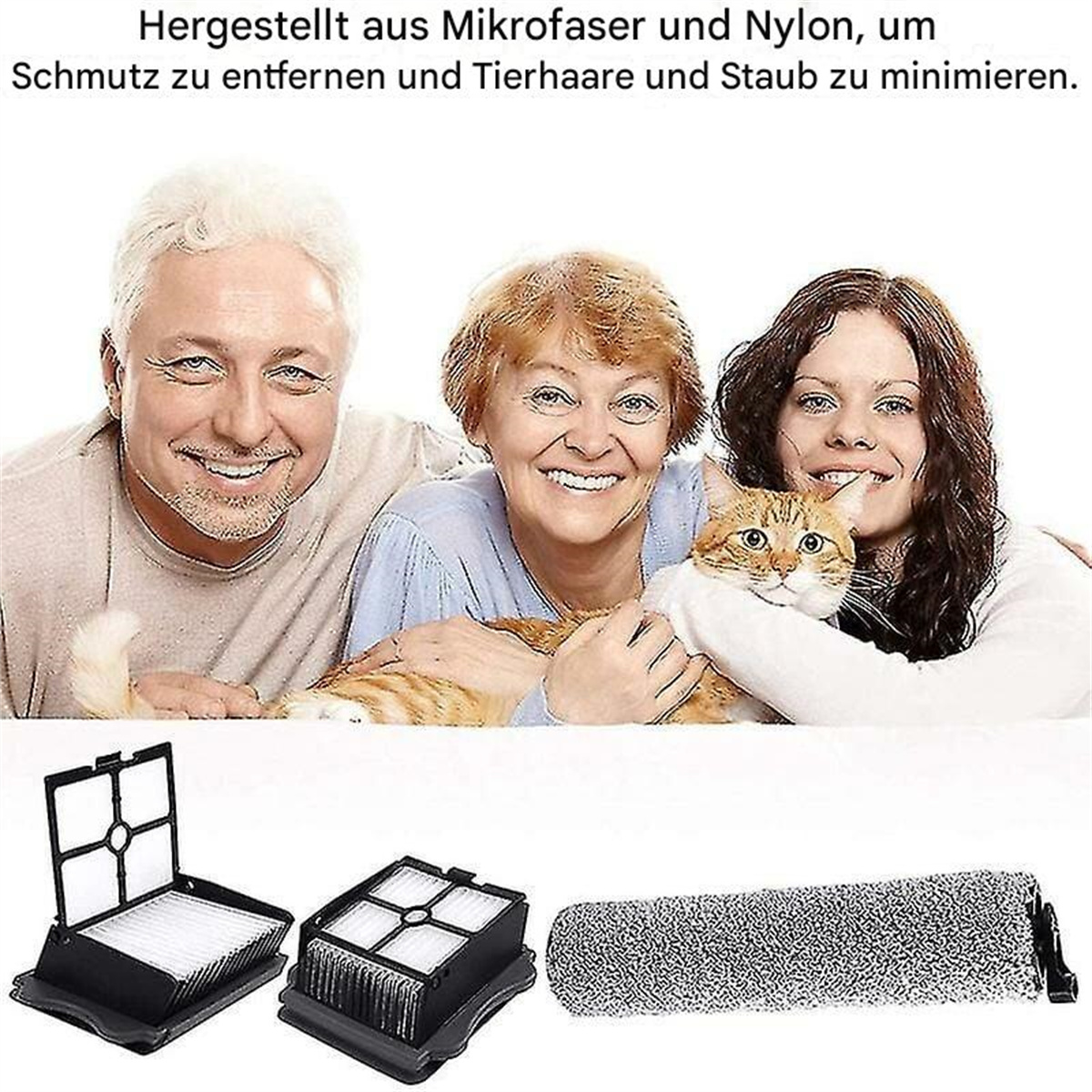 Eine Familie mit Katze und Putzmitteln. Frau und Mann mit Katze und zwei Filtern mit einer Rolle.