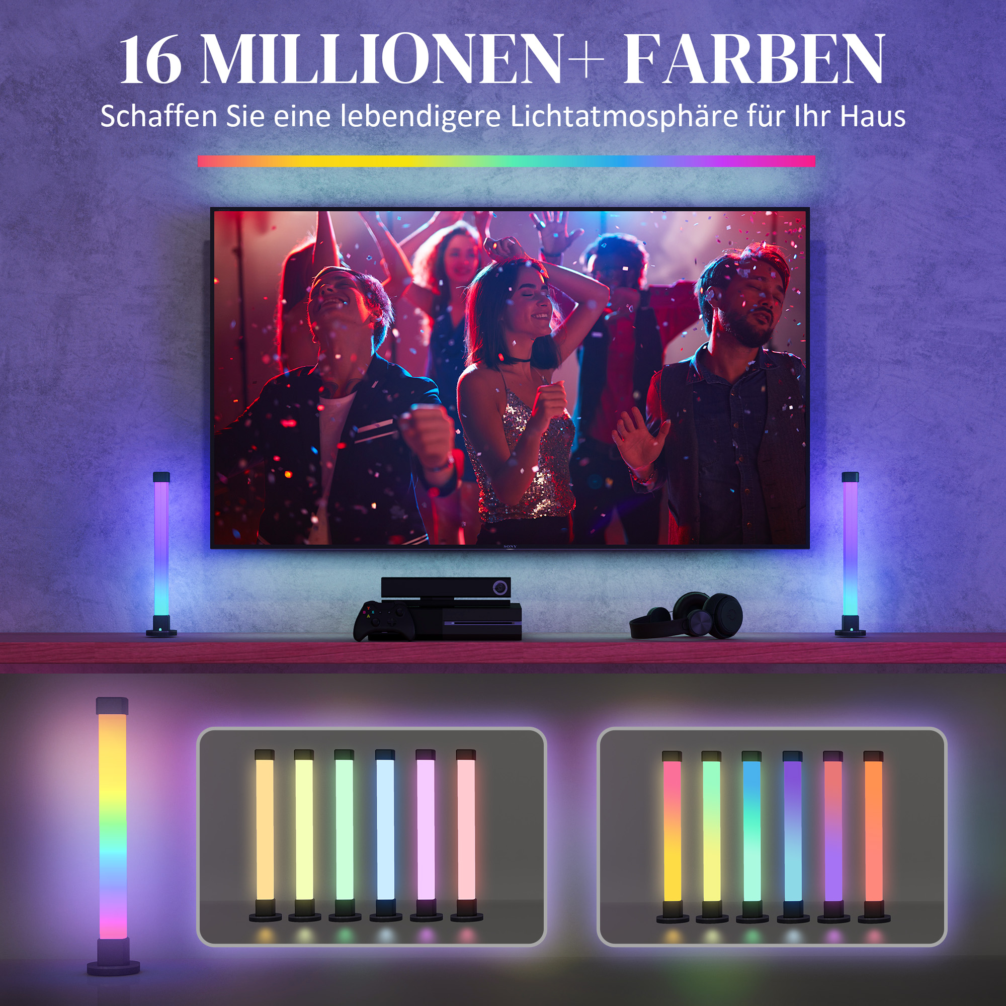 Bunte LED-Leuchten, Fernsehbildschirm zeigt Menschen. Schwarzer Ständer, lila und grüne Lichter. Mehrere Lichter.