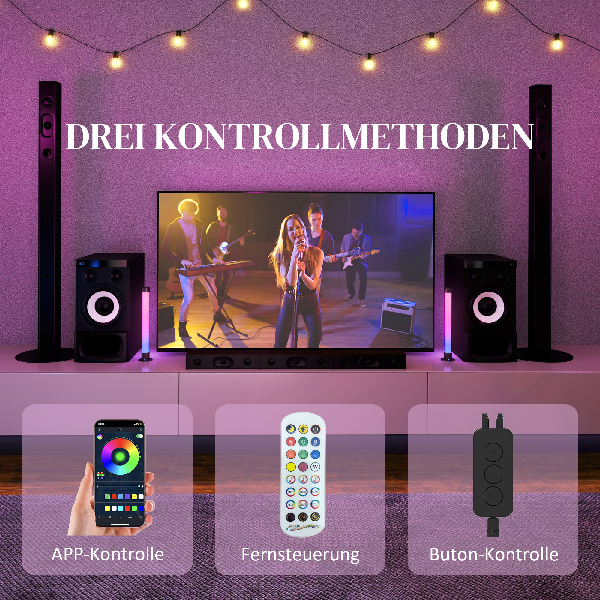 Ein Wohnzimmer mit Fernseher, Lautsprechern und Lichtleisten. Drei Steuerungsmethoden: App, Fernbedienung und Taste.