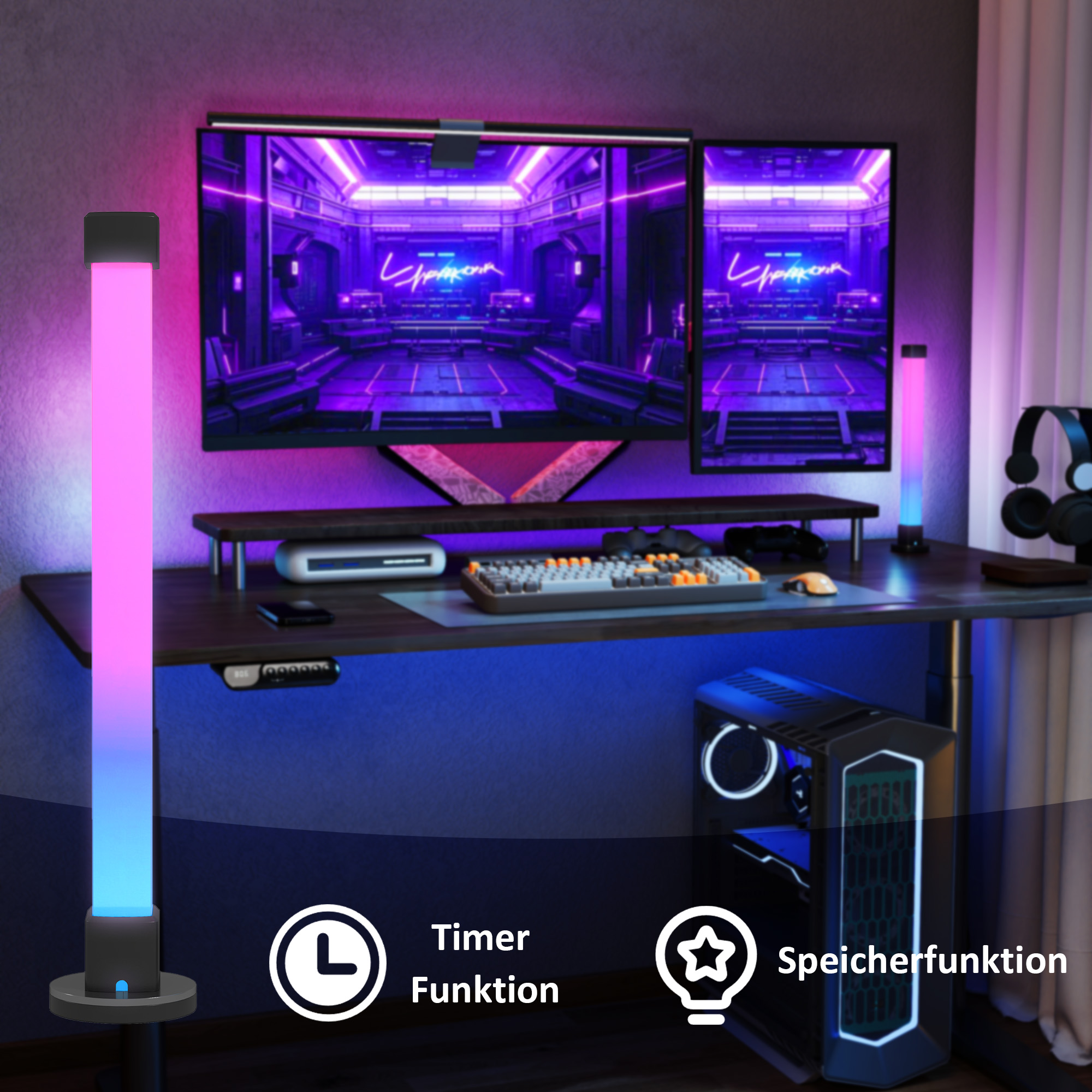 Gaming-Setup mit Lichtern und einem Computer. Schwarzer Schreibtisch, lila, blaue und rosa Lichter. Der Computer ist schwarz.