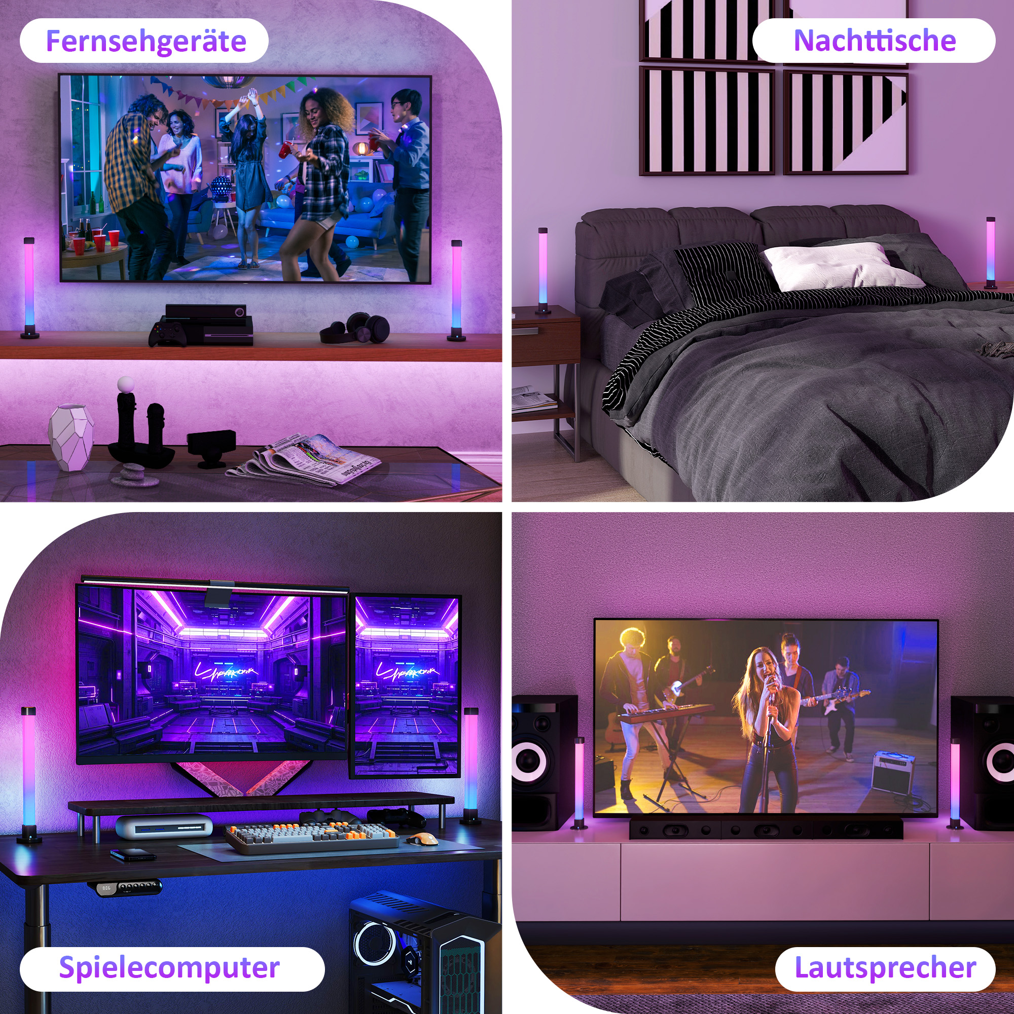Vier Szenen von Räumen mit Lichtleisten. TV-Raum, Schlafzimmer, Gaming-Setup und ein weiteres TV-Setup.