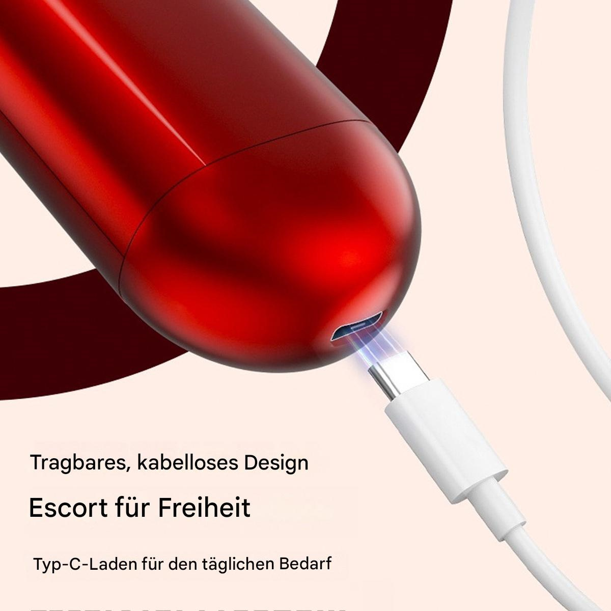 Rotes, zylindrisches Gerät mit weißem Kabel. Text unten.