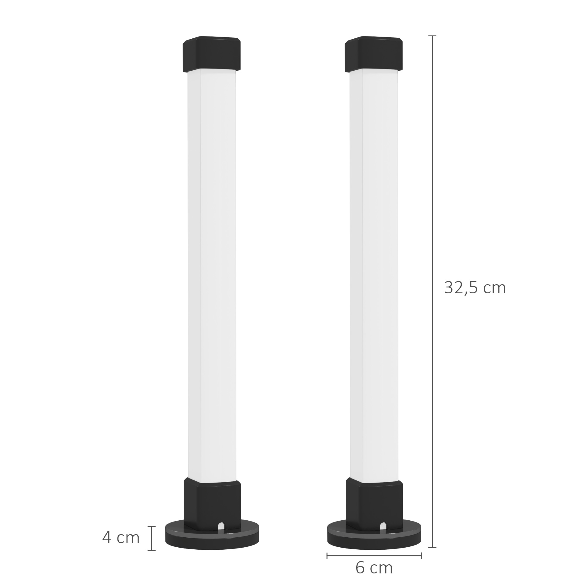 Dos barras de luz LED blancas y negras. Son rectangulares con bases y tapas negras. Dimensiones proporcionadas.
