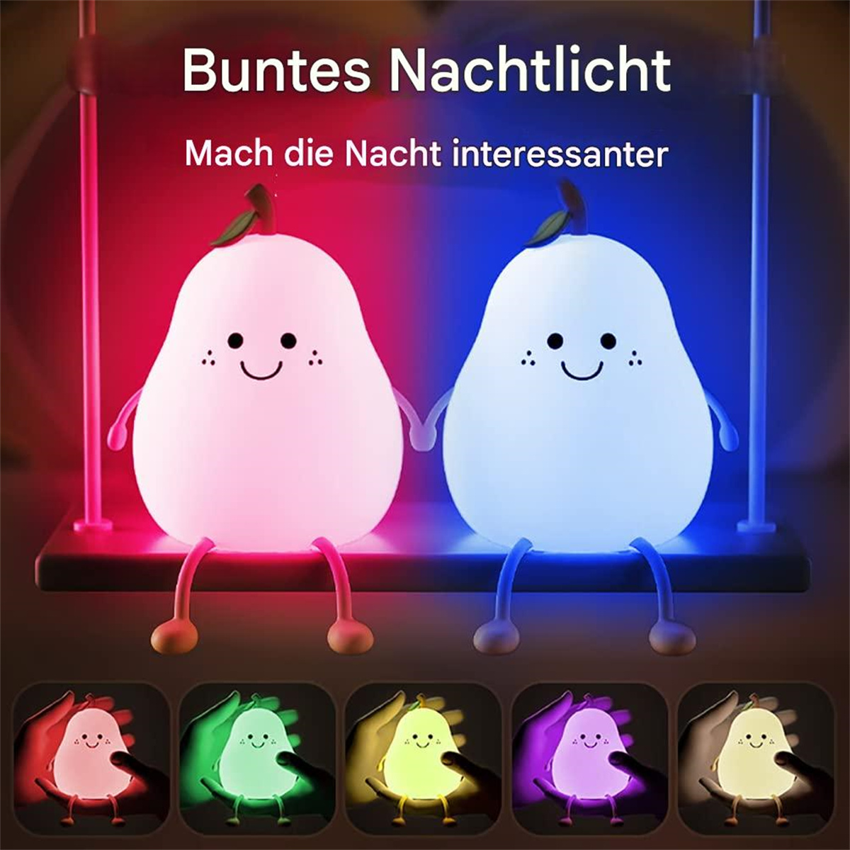 Zwei birnenförmige Nachtlichter mit Gesichtern auf einem Ständer. Eines ist rosa, das andere blau. Verschiedene Lichtmodi.