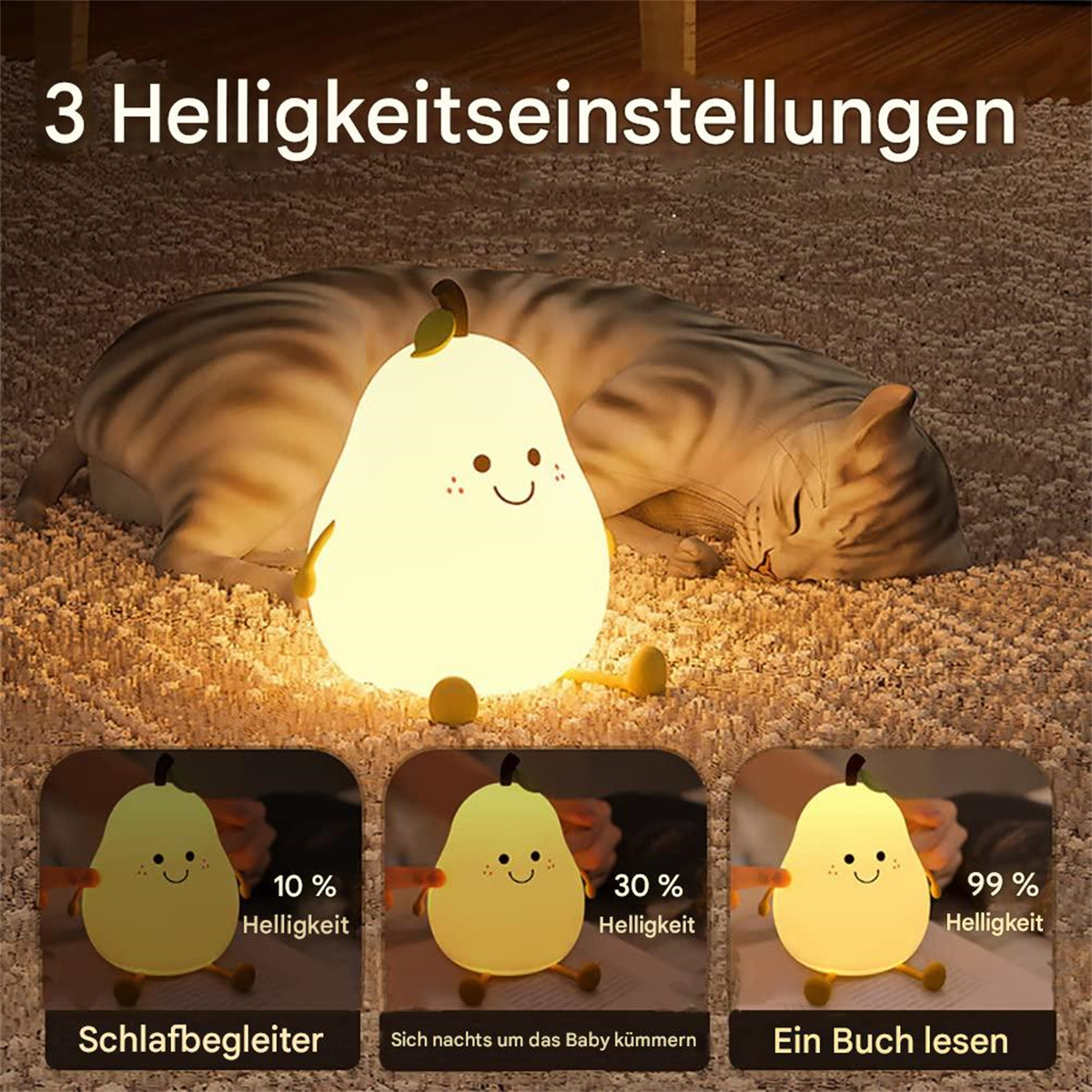 Birnenförmiges Nachtlicht mit verschiedenen Helligkeitseinstellungen und einer schlafenden Katze.