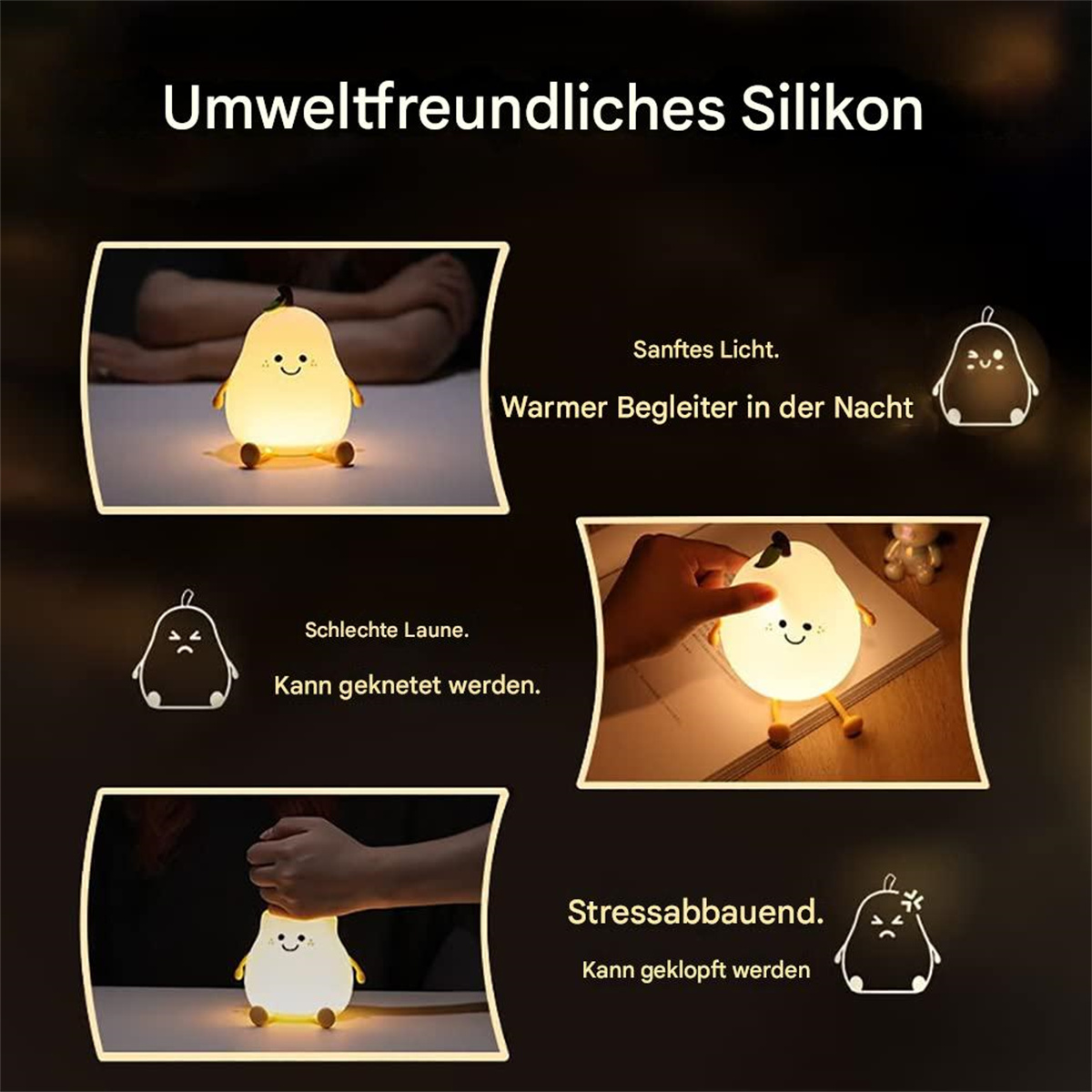 Ein weißes, birnenförmiges Nachtlicht mit einem Gesicht. Gezeigt in verschiedenen Lichtmodi. Merkmale: Stressabbau, knetbar usw.