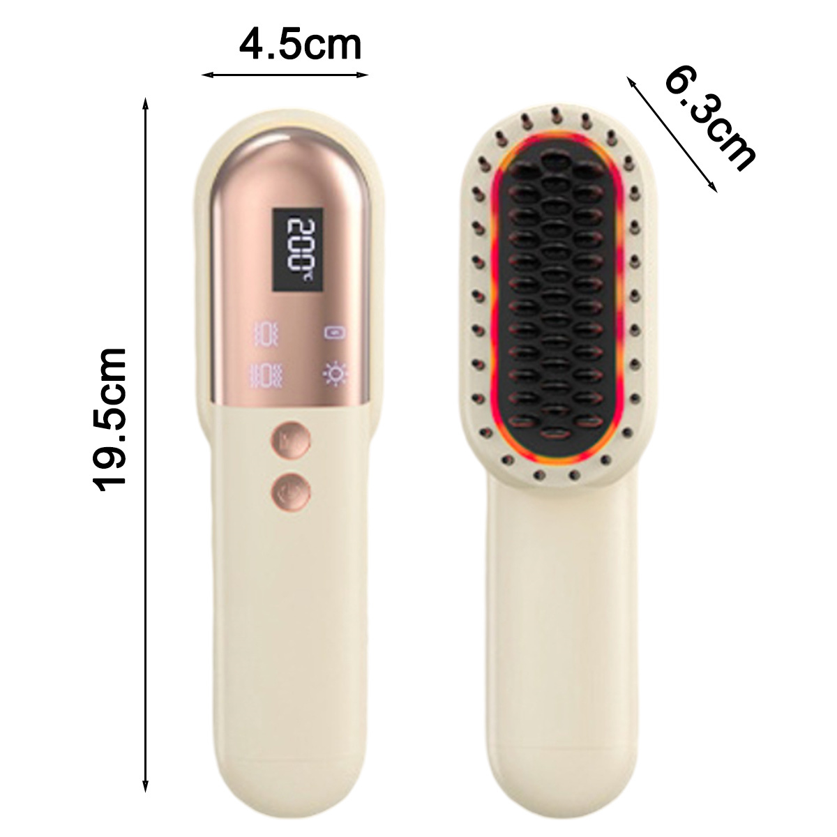 Beiges Glätteisen mit Digitalanzeige, die 200° anzeigt. Es ist 19,5 cm lang und 4,5 cm breit.