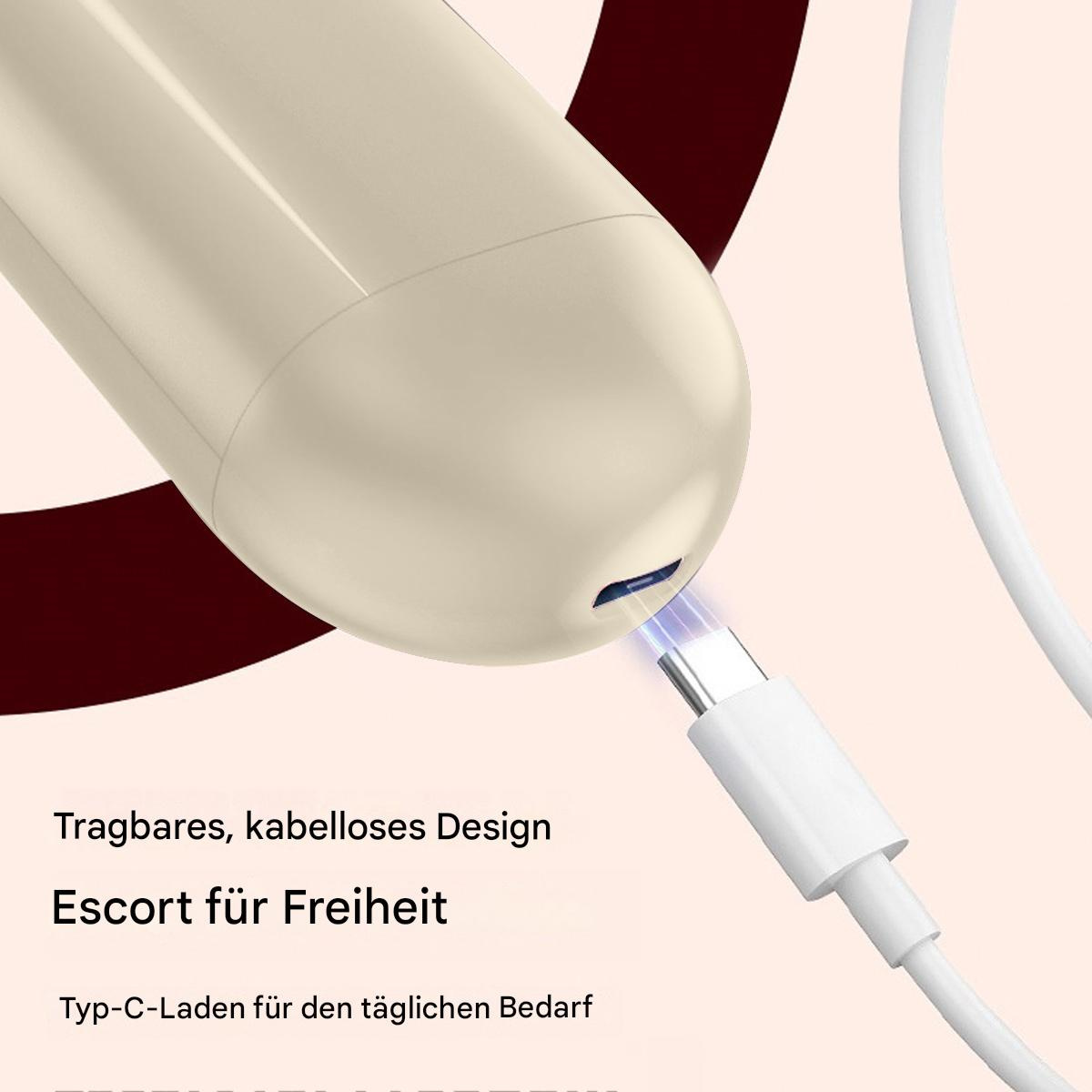 Ein weißer Ladeanschluss mit angeschlossenem USB-C-Kabel. Text: Tragbares, kabelloses Design. Für den täglichen Bedarf.