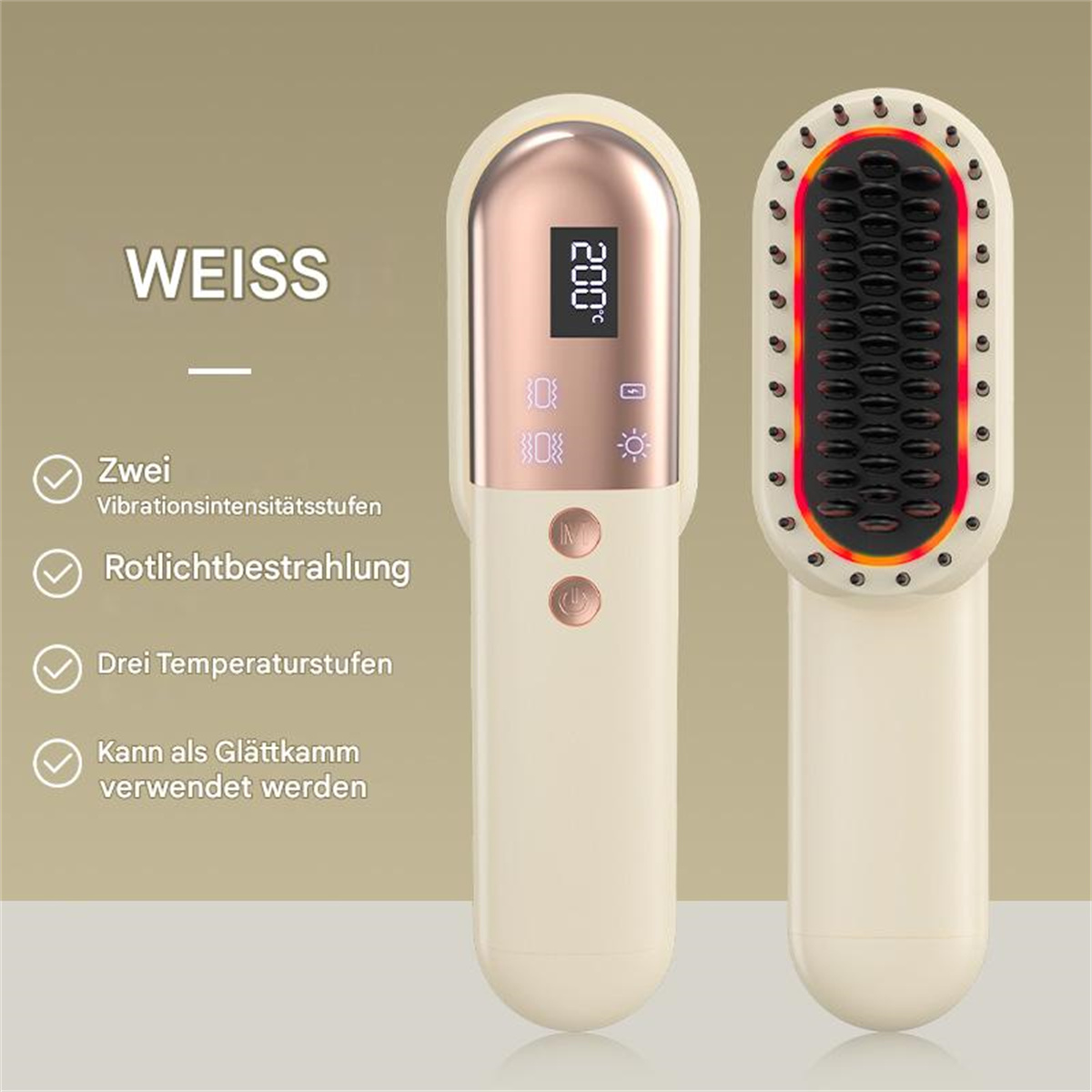 Zwei Haarglätter. Einer zeigt das Display, der andere die Bürste. Merkmale: Vibrationen und rotes Licht.