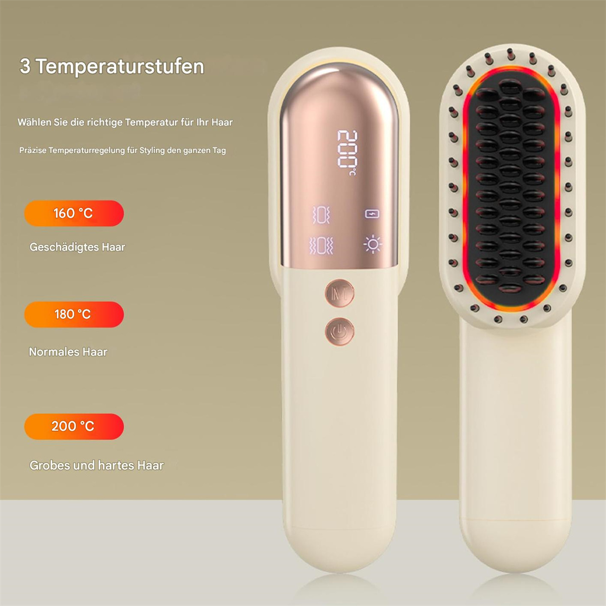 Haarglättungsbürste mit Temperatureinstellungen. Text und Zahlen auf dem Gerät.