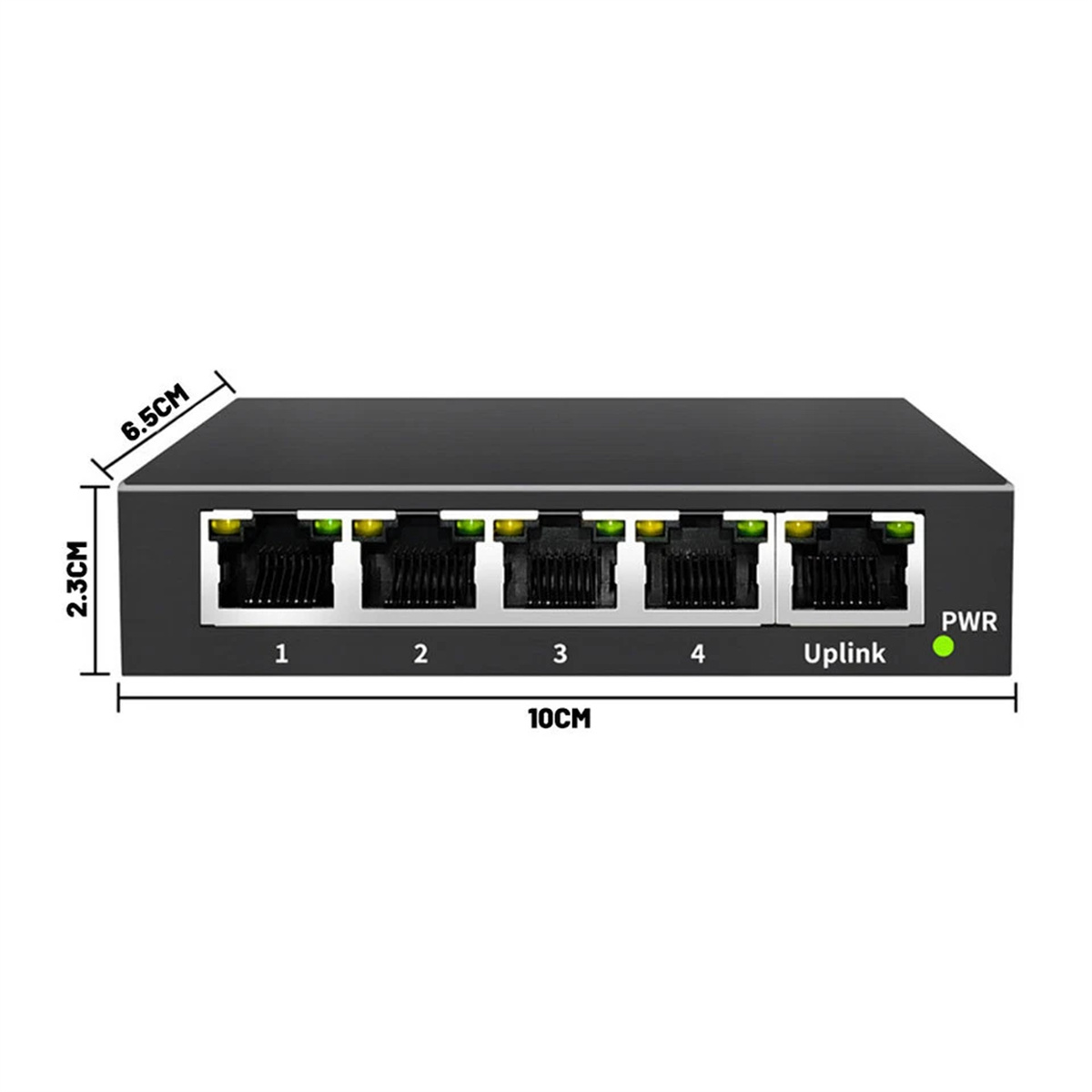 Schwarzer Netzwerk-Switch mit fünf Ports und beschrifteten Abmessungen. Grünes Licht.
