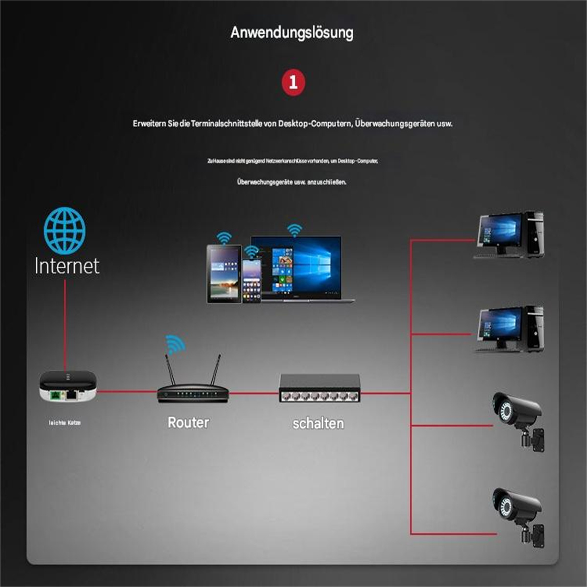 Diagramm zur Verbindung von Geräten mit dem Internet über Router und Switch. Enthält Computer und Kameras.