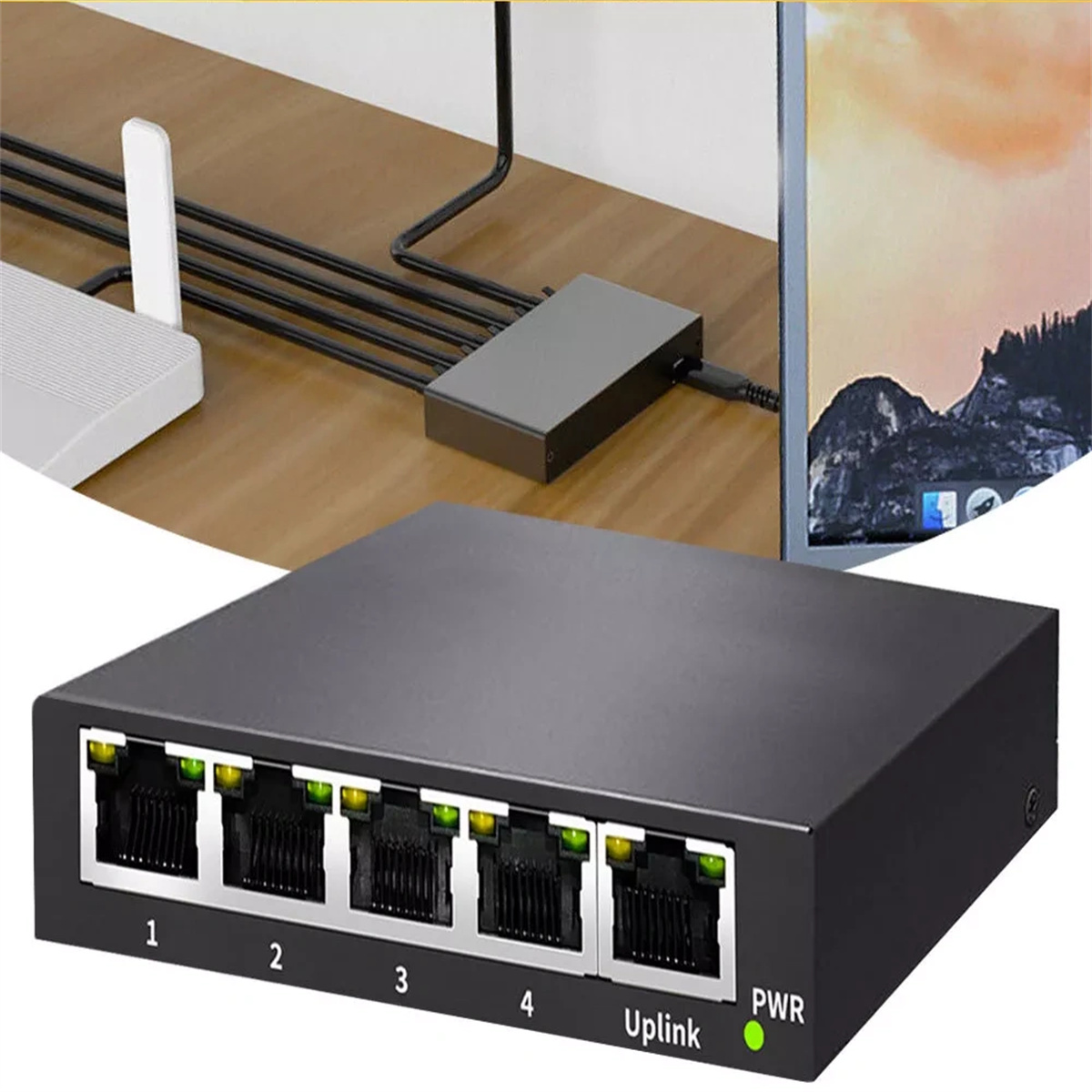 Netzwerk-Switch mit angeschlossenen Geräten. Router und Monitor im Hintergrund.
