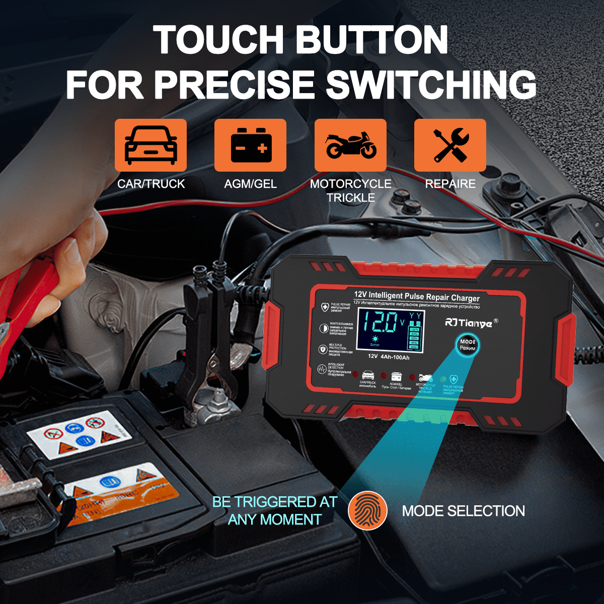 Schwarzes, rotes und gelbes Autobatterieladegerät mit Touch-Taste und Modusauswahl.