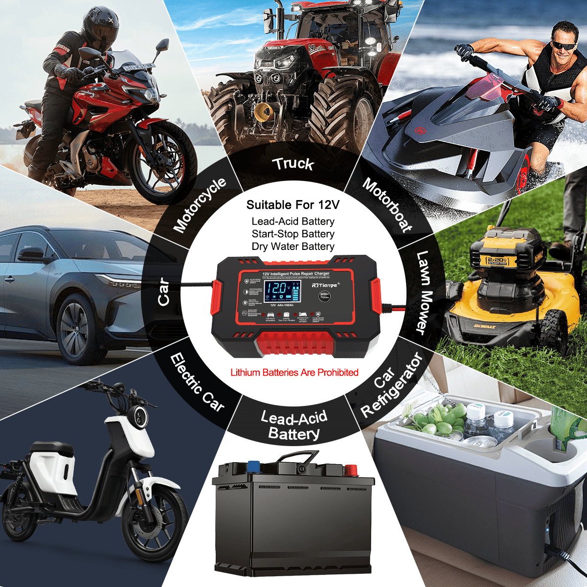 Ein Batterieladegerät mit verschiedenen Fahrzeugen und Batterietypen. Enthält Auto, Motorrad und Rasenmäher.