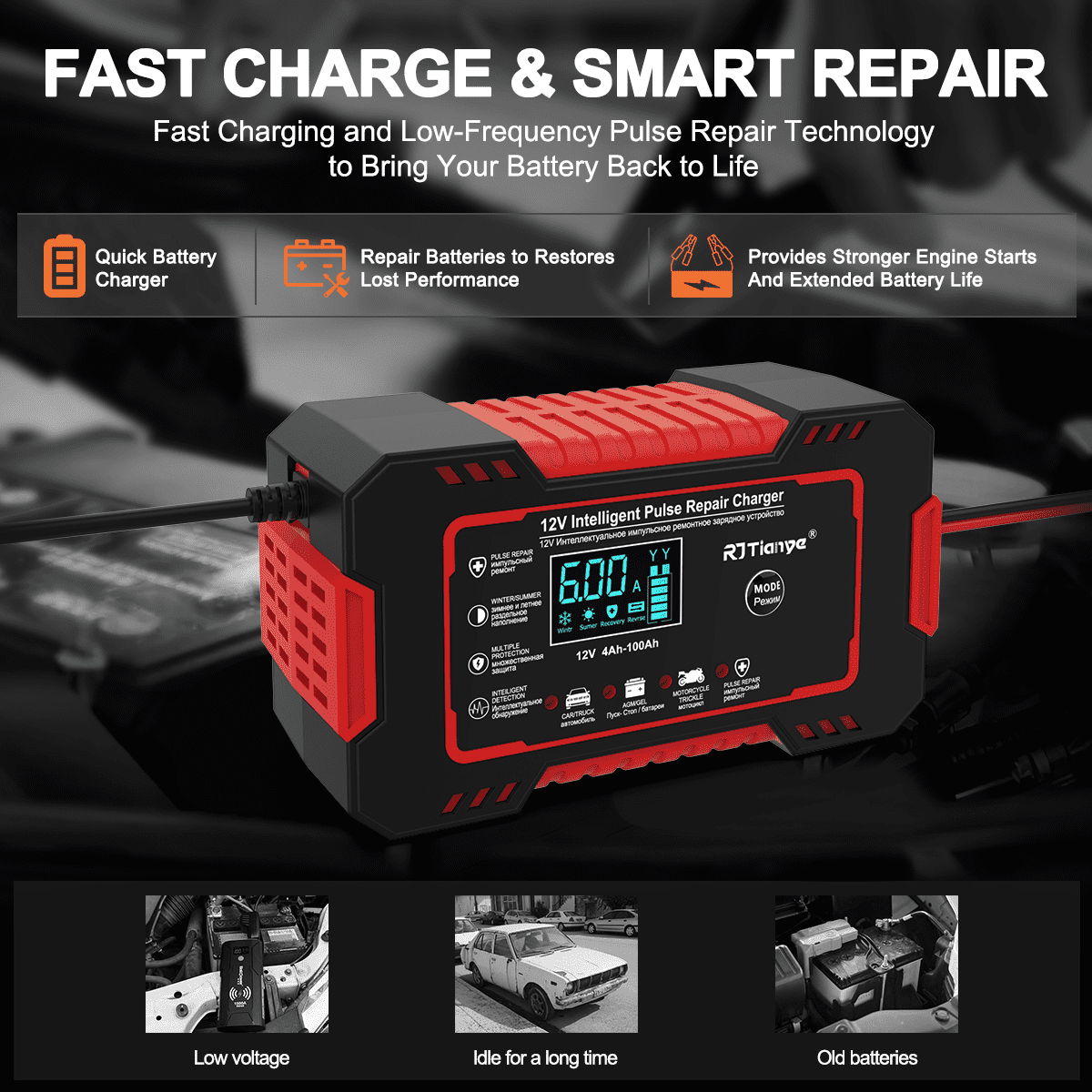 Schwarzes, rotes und gelbes Autobatterieladegerät mit verschiedenen Funktionen.