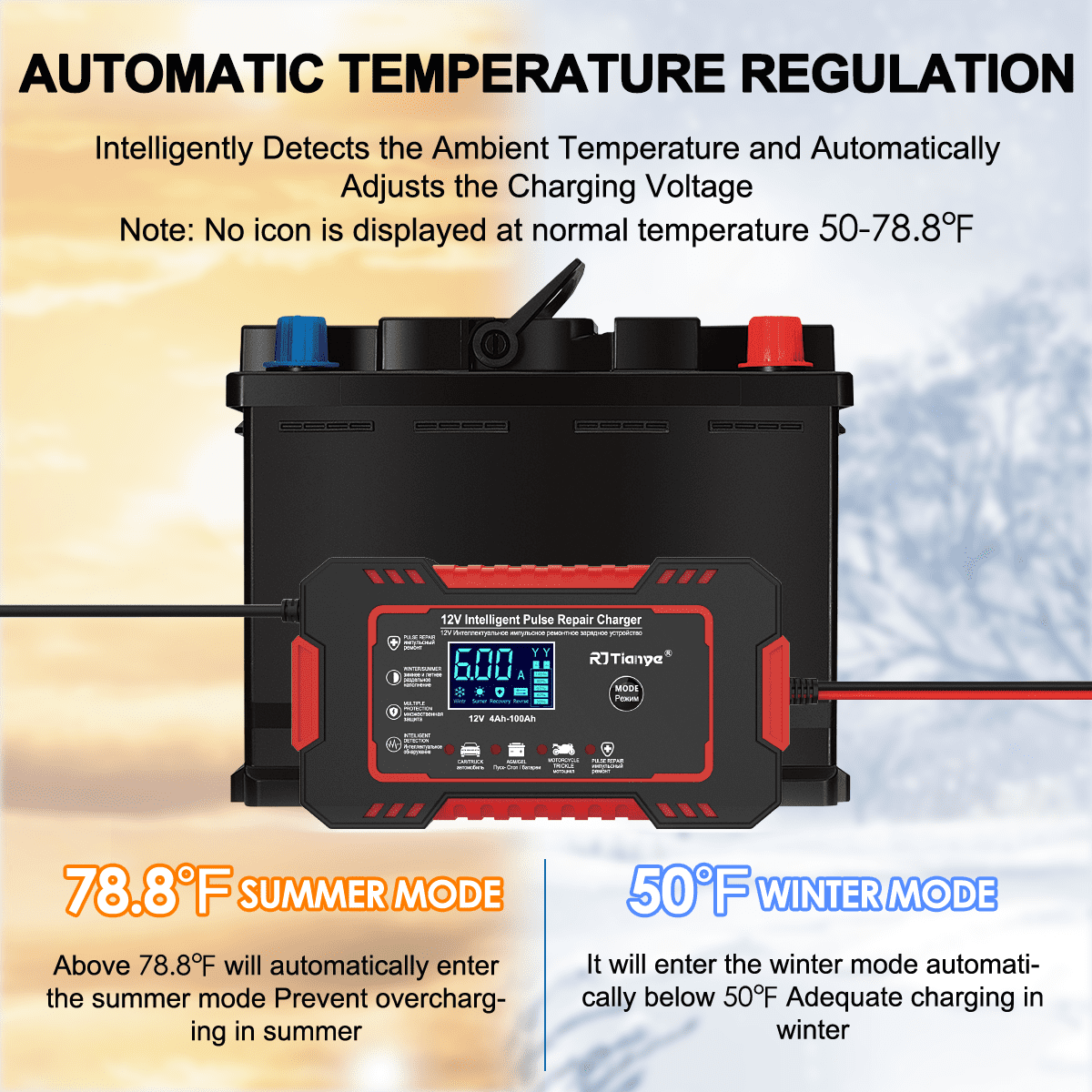 Ein Batterieladegerät, das an eine Batterie angeschlossen ist. Zeigt Sommer- und Wintermodus an. Das Ladegerät ist rot und schwarz.