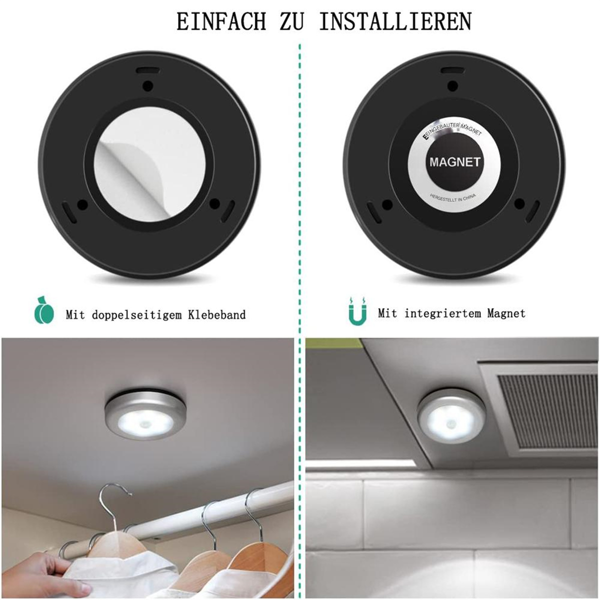 Zwei schwarze und silberne LED-Leuchten mit unterschiedlichen Befestigungsmethoden.