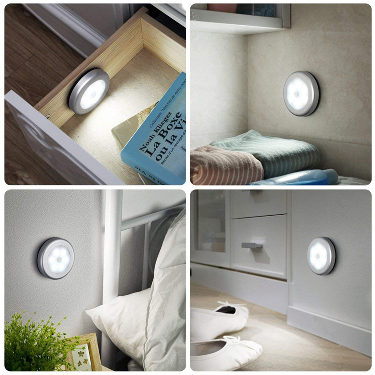 Mehrere kleine Lichter in verschiedenen Umgebungen: Schublade, Wand und Schrank.