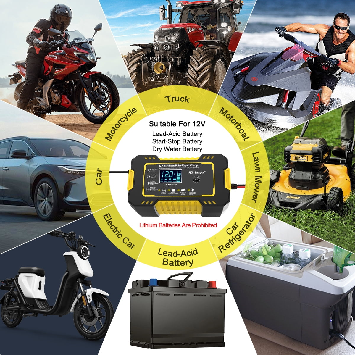 Ein Ladegerät mit verschiedenen Fahrzeugen: Auto, Motorrad, LKW, Motorboot, Rasenmäher und andere.
