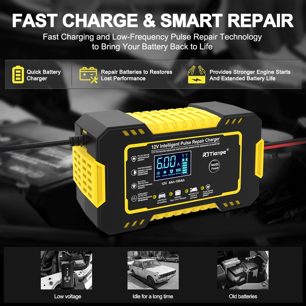 Schwarzes und gelbes Autobatterieladegerät mit Digitalanzeige. Text und Symbole zeigen Lade- und Reparaturfunktionen.