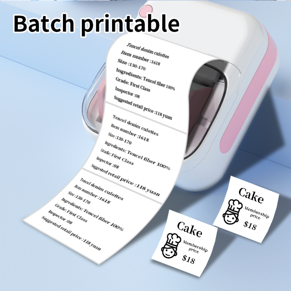 Ein Etikettendrucker druckt Etiketten mit Produktdetails. Zwei Kuchenetiketten mit einem Preis von 18 $ werden angezeigt.