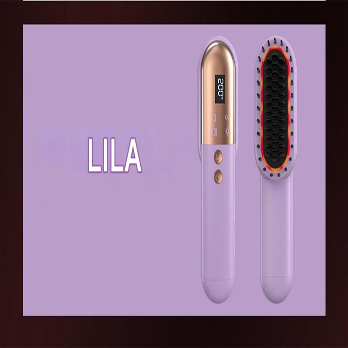 Eine lila Haarglättungsbürste wird gezeigt, die Bürste und Heizplatten. Das Wort LILA ist geschrieben.