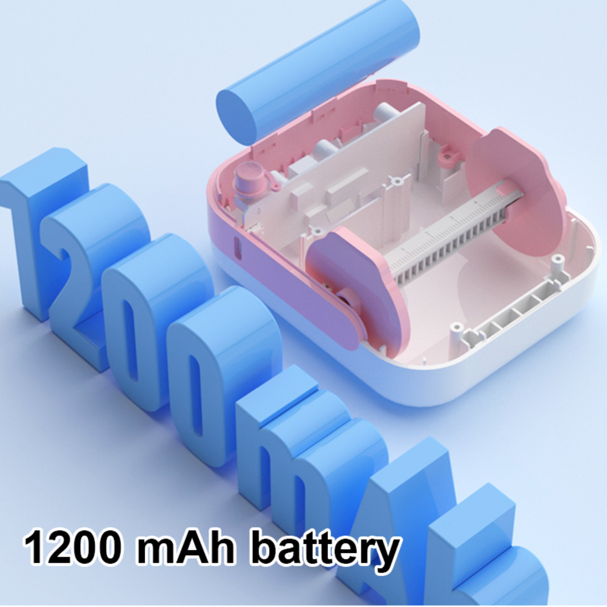 Ein blau-rosa Etikettendrucker mit 1200 mAh Akku. Die Zahlen 1200mAh sind blau, das Gerät ist rosa.