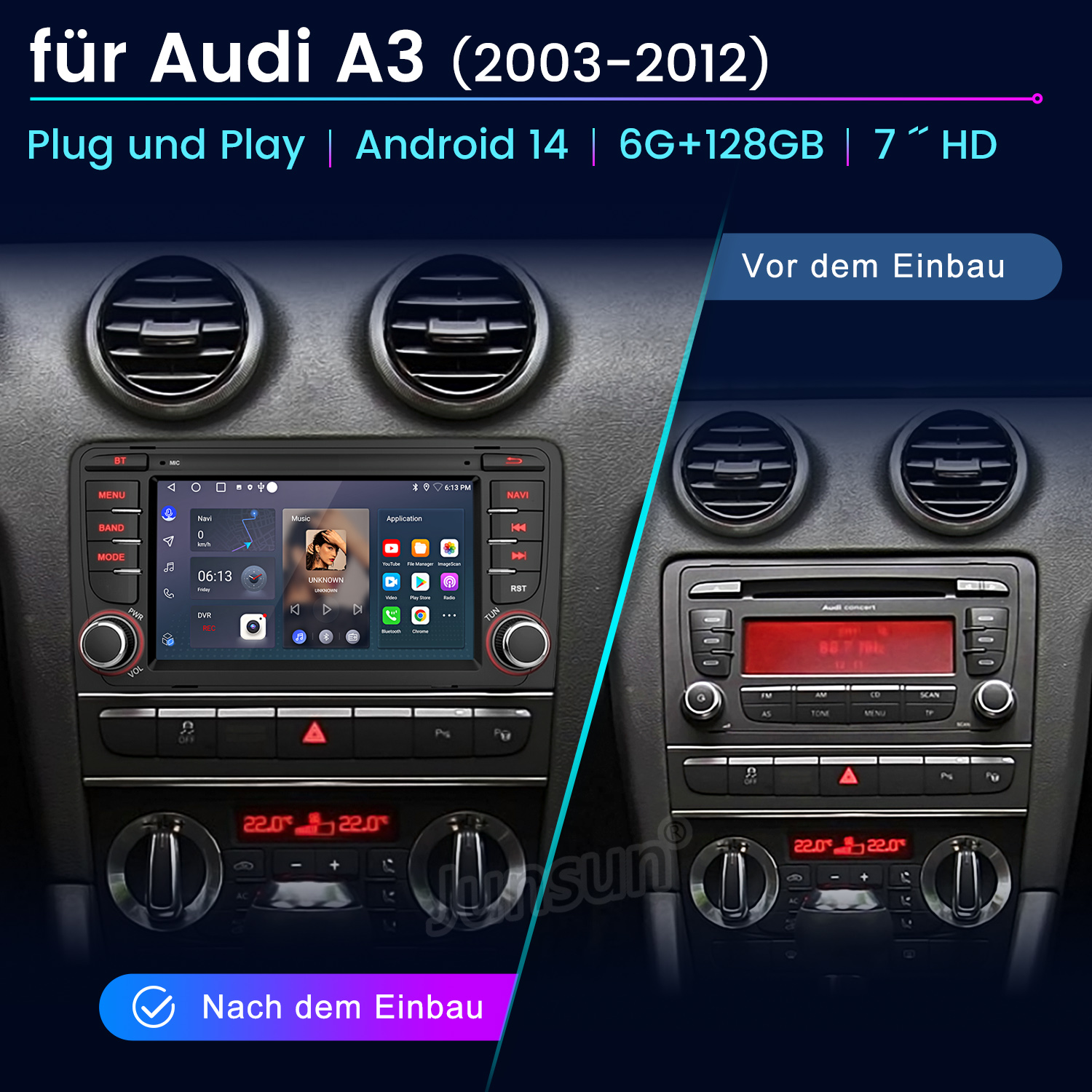 Autoradio vor und nach dem Einbau. Anzeige der Radioschnittstelle, Details zum Innenraum des Autos.