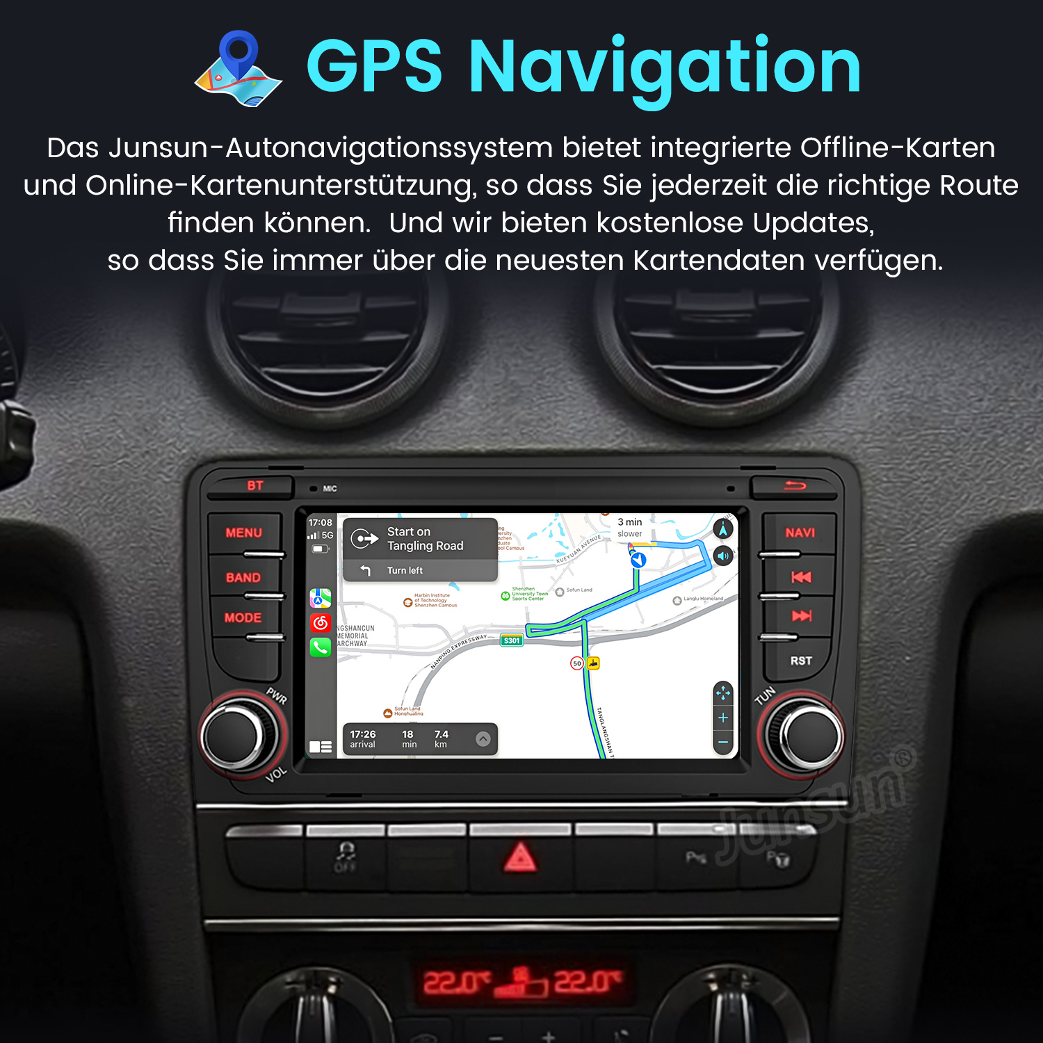 Auto-Navigationsbildschirm, der eine Kartenroute und das Armaturenbrett des Autos zeigt. GPS-Navigation ist der Haupttitel.