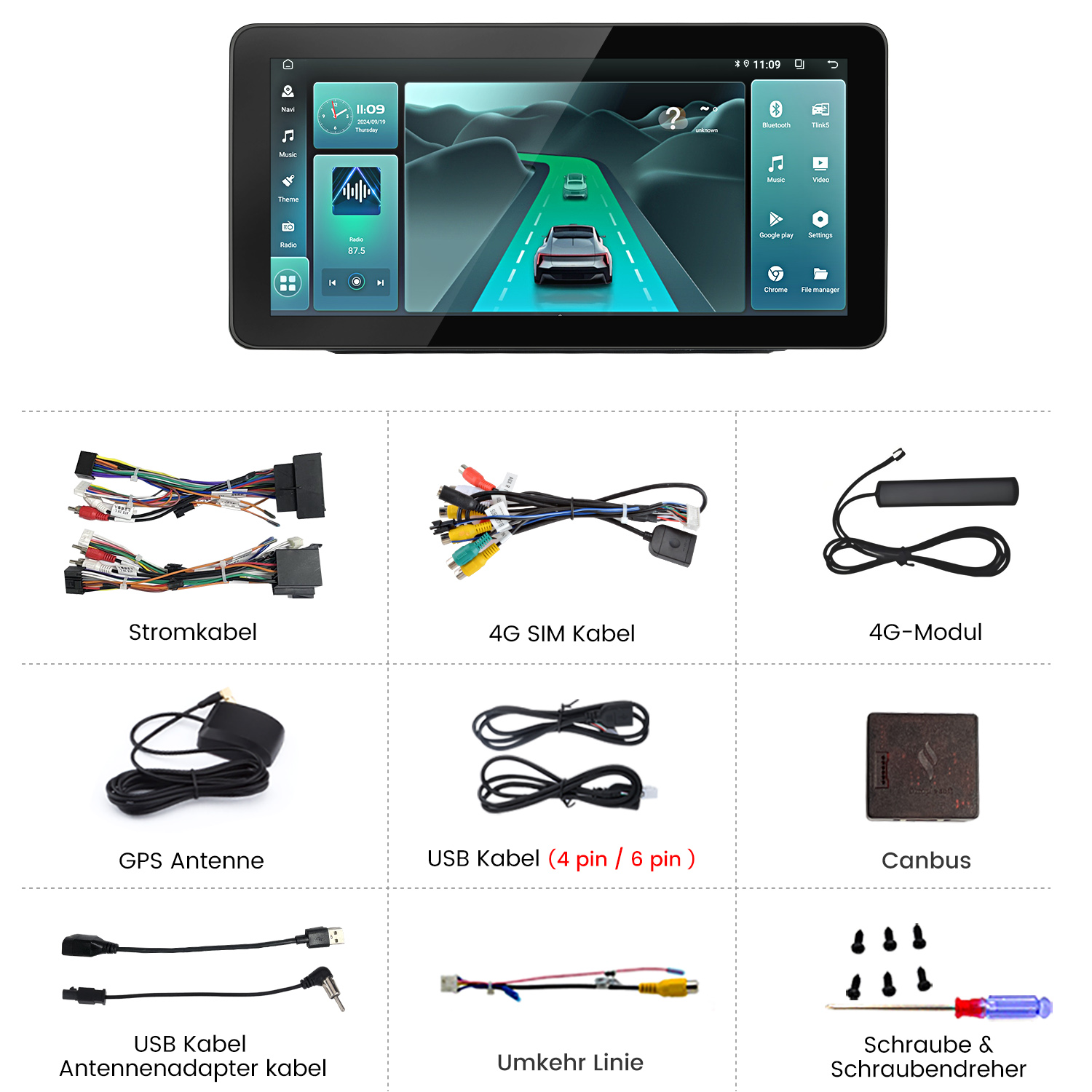 Autoradio-Komponenten: Kabel, Antennen und Module auf weißem Hintergrund.