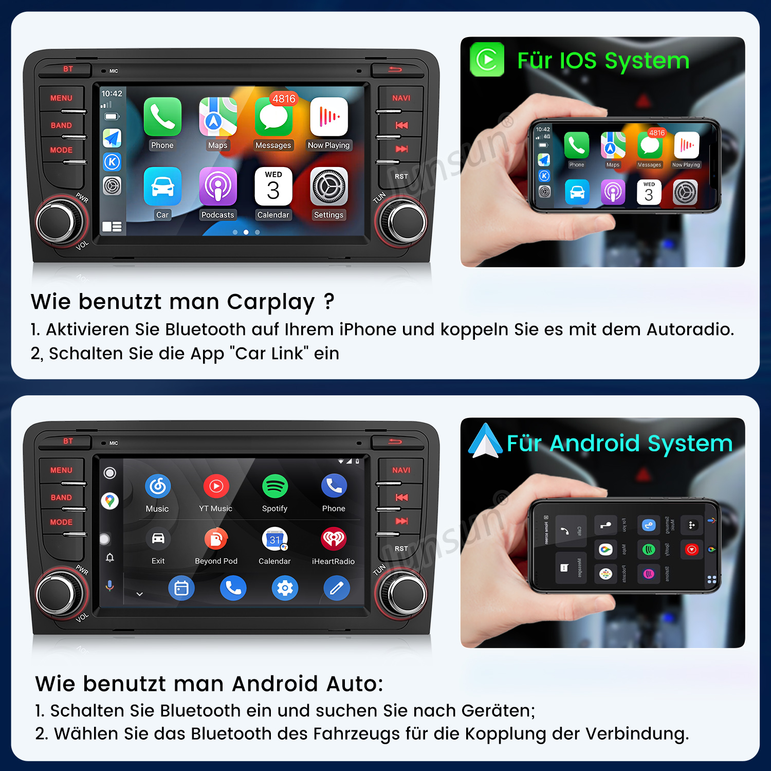 Auto-Multimedia-Systembildschirm, der IOS- und Android-Carplay-Systeme zeigt. Der Haupttitel lautet: Wie benutzt man Carplay?
