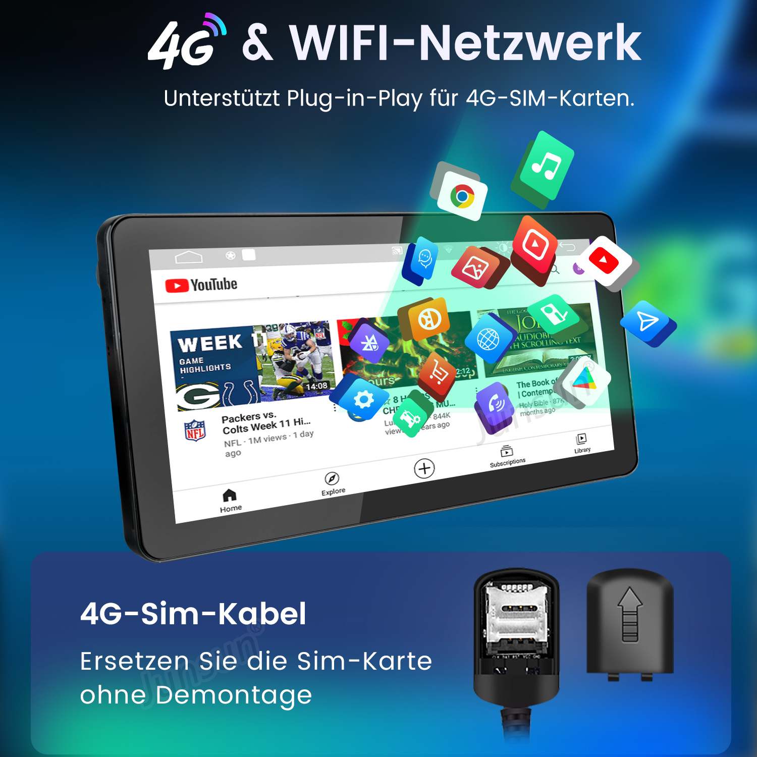 Tablet z aplikacją YouTube i innymi aplikacjami, tekstem 4G i siecią WiFi, kablem 4G-Sim i kartą SIM.