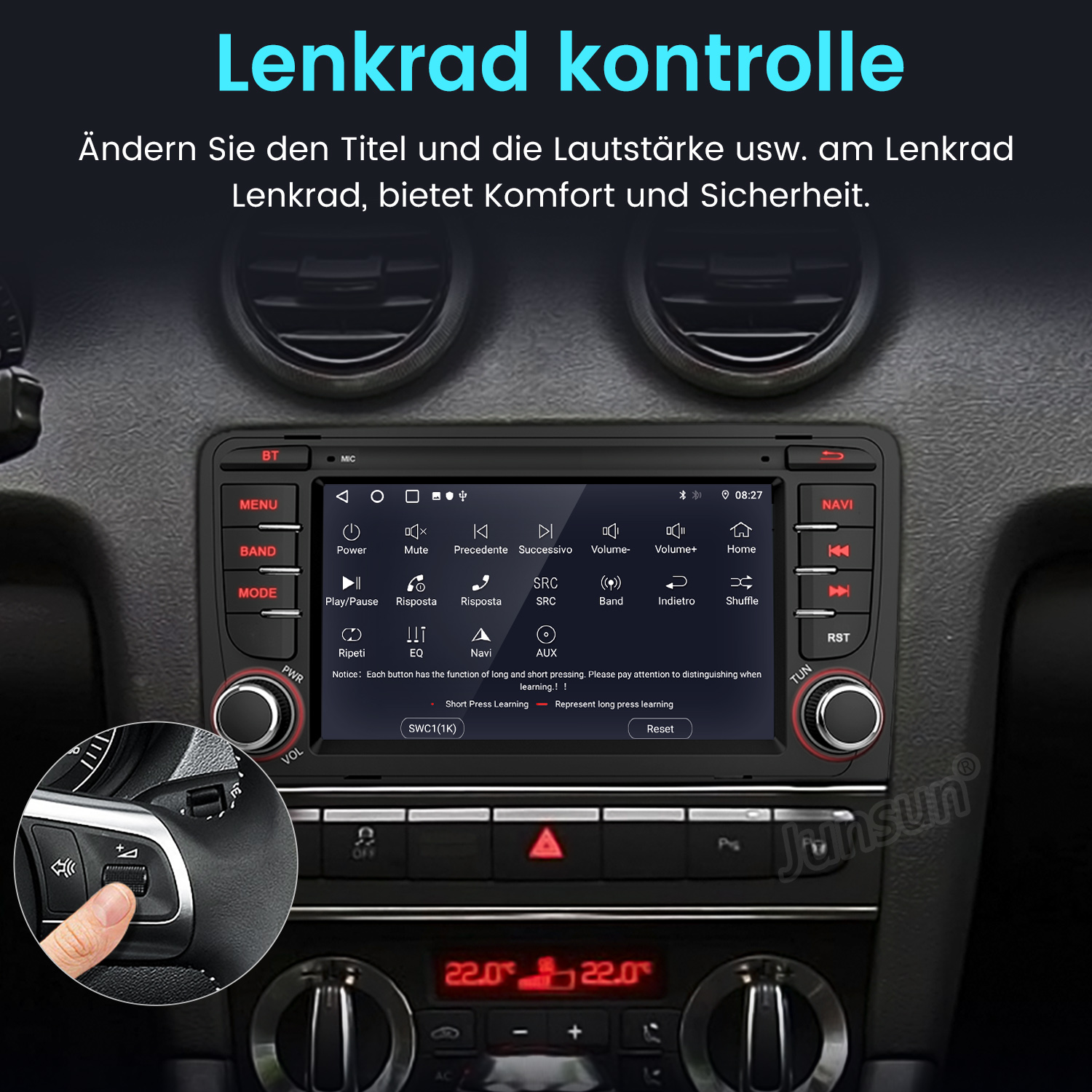Auto-Multimedia-Systembildschirm mit Bedienelementen. Der Haupttitel lautet Lenkrad Kontrolle. Eine Hand berührt das Lenkrad.