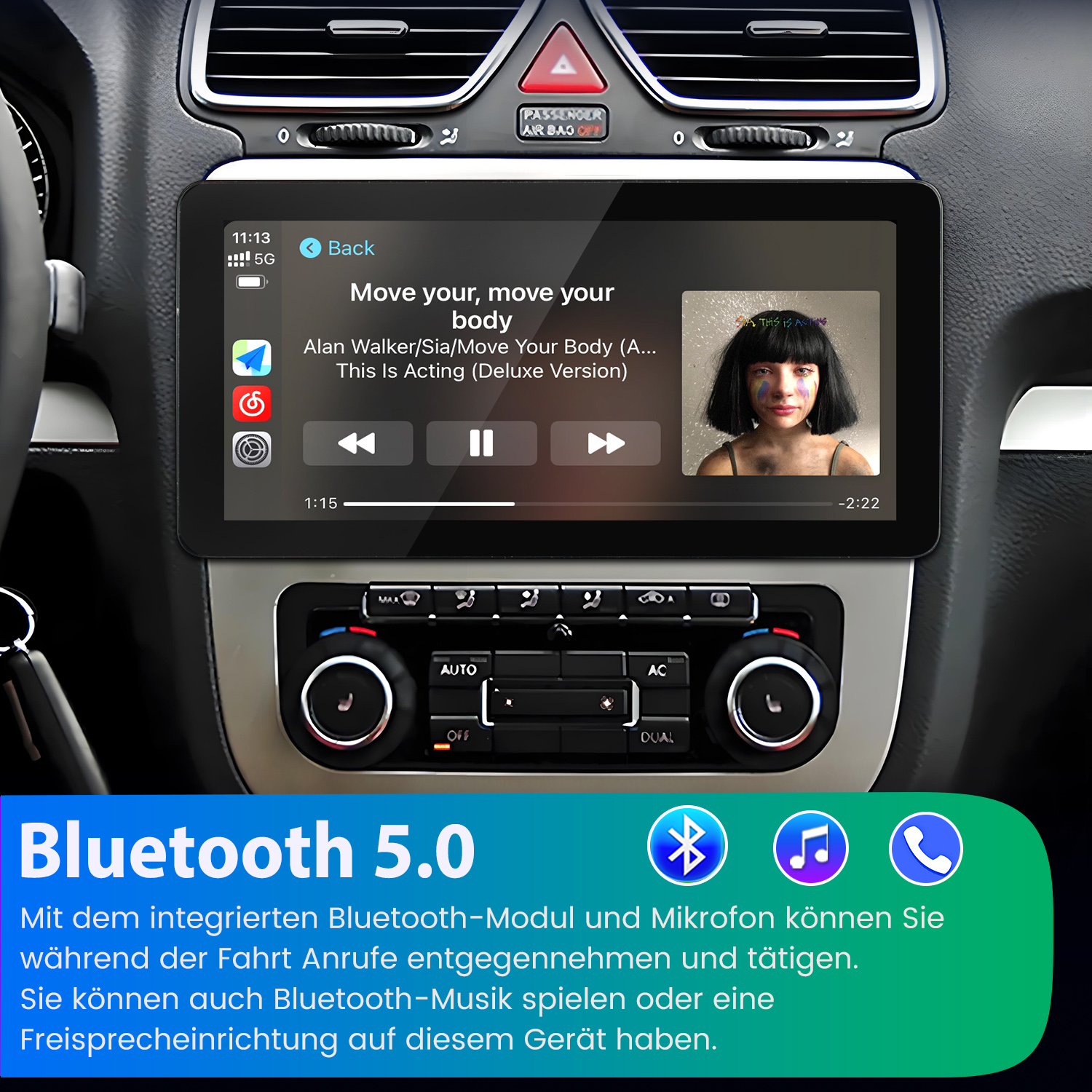 Ekran multimedialny samochodu pokazujący odtwarzacz muzyki. Bluetooth 5.0 na dole, zdjęcie dziewczyny po prawej.